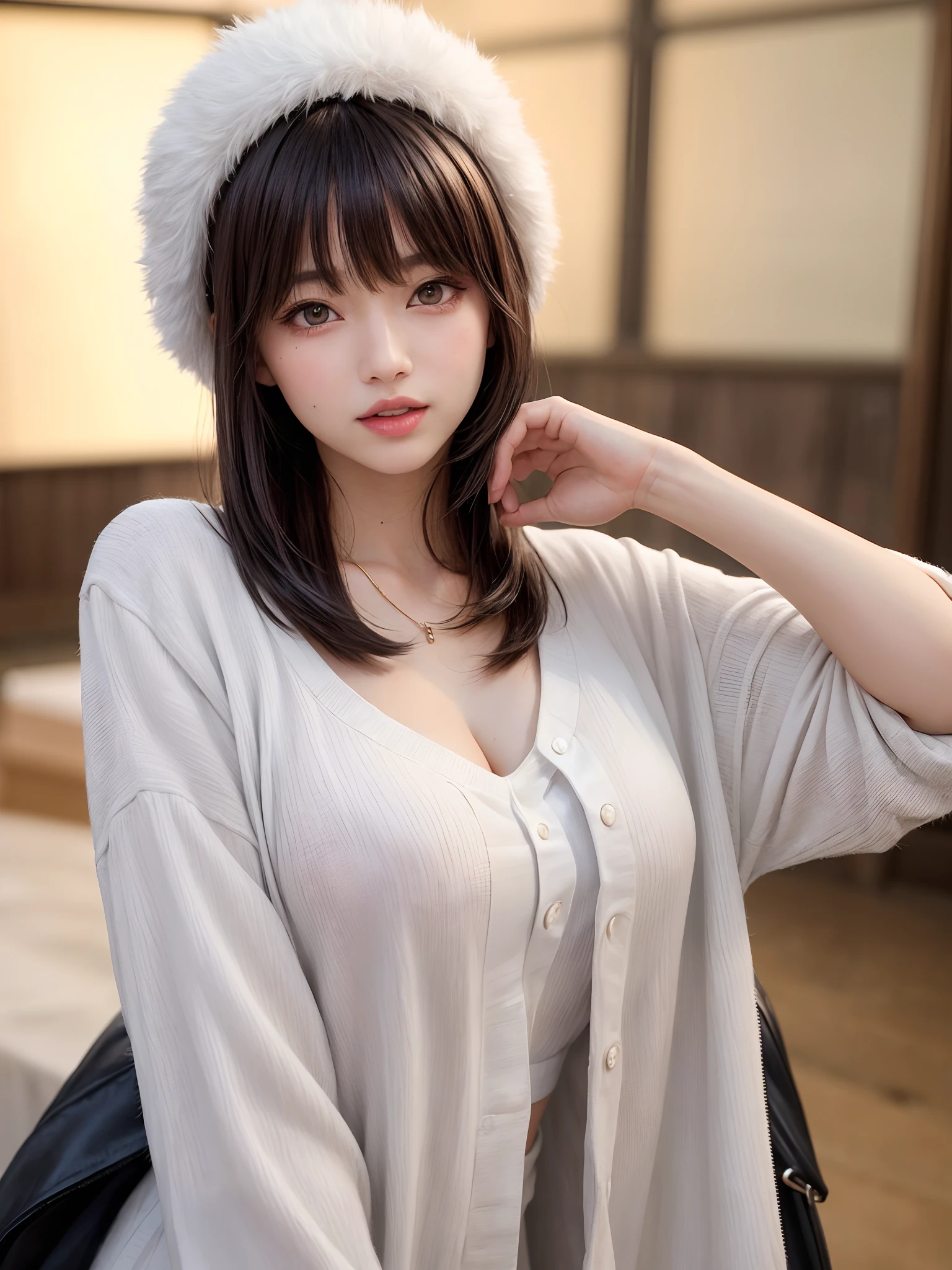 (masterpiece, top-quality、Very attractive adult beauty、Add intense highlights to the eyes、Look firmly at the camera),1girl in, 独奏, A dark-haired, scarf, Hats,, realisitic, looking at the viewers, black eyes of light color, shorth hair, coat, Winter clothes, White headscarf, s lips, lipgloss,bangss, The upper part of the body、big eye、Lashes)、((Road system in Italy))、((Shorthair with bangs、big eye、Put very strong highlights in your students、very Bigger breasts、gazing at viewer、Very beautiful beauty、Put your ears out、long neck、little smiling、Beautiful teeth、Open your mouth and smile))、28 year old、Very cute supermodel