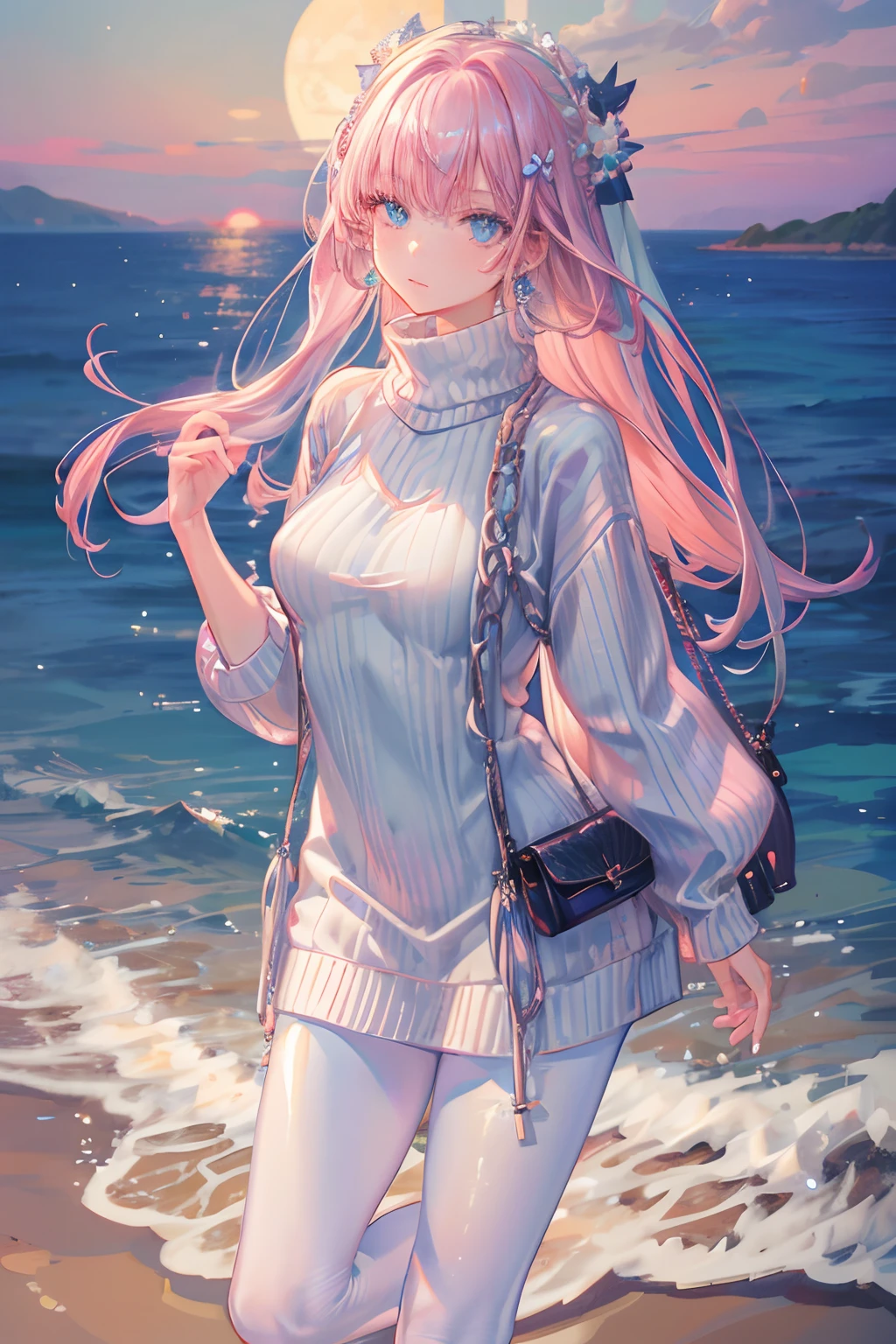 masterpiece, best quality, dusk, moon, over the sea, realistic, real, huge_filesize, wallpaper, girl, milf, long hair, pink hair, crossed bangs, beautiful detailed eyes, aqua eyes, looking at viewer, small breasts, sweater dress, miniskirt, white pantyhose, earrings, jewelry, crossed_legs, yokozuwari,