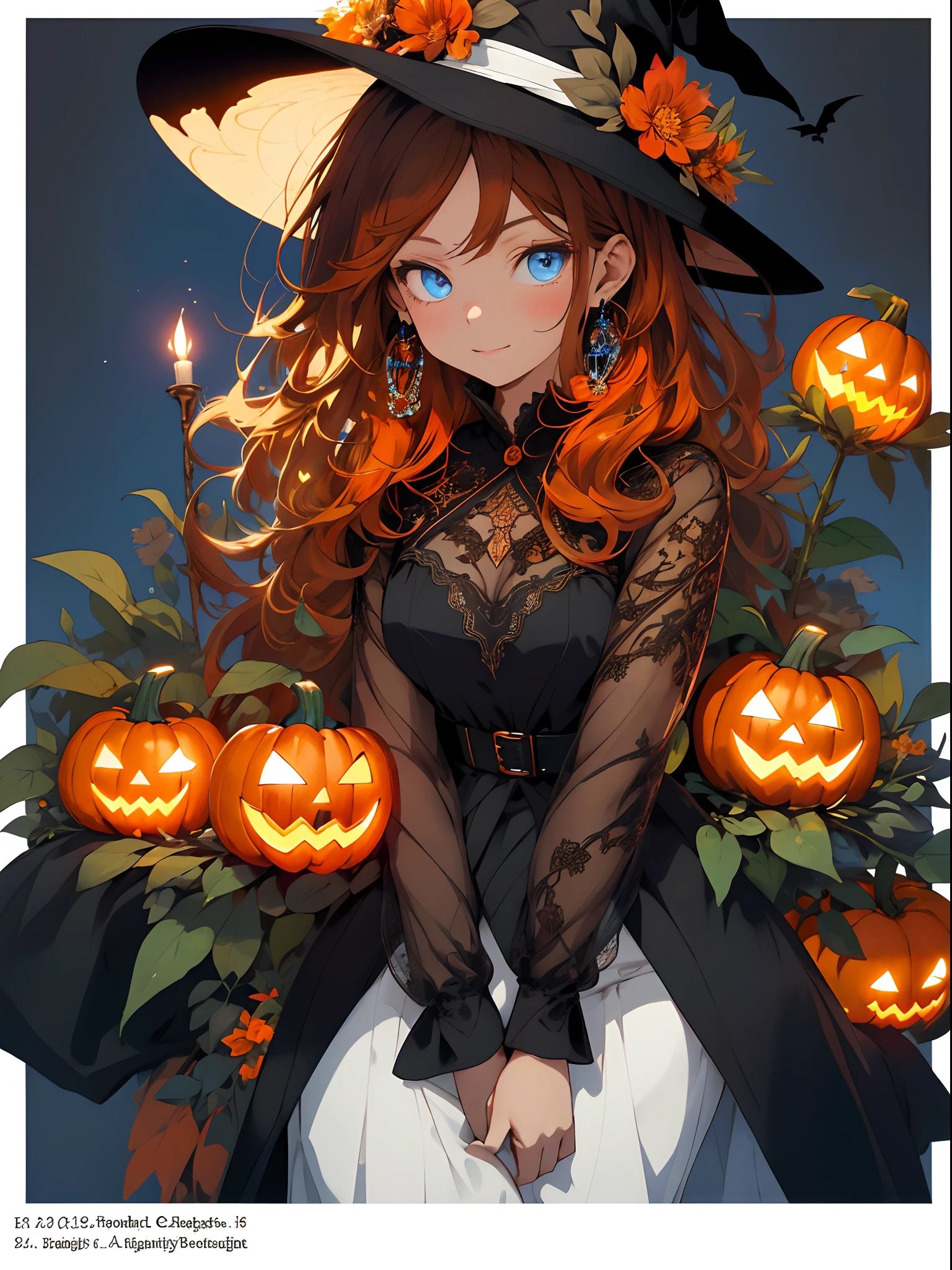 absurdres, highres, ultra detailed,Realistic, (Masterpiece, Superior Quality, Best Quality, Official Art, Beauty and Aesthetics: 1.2), Very intricate Detailed, Fractal Art, Colorful, orange color palette in the background. More Detailed, Zentangle, (Abstract Background: 1.5) (1girl: 1.3), beautiful witch, pumpkin earrings, pumpkin accessories, Brown Skin, Brown Hair, Long Hair, (Bright Blue Eyes),, Jack-o'-Lantern background, orange flowers, Mysterious, (Magic), witch's white hat and gothic white robe ,Halloween atmosphere,