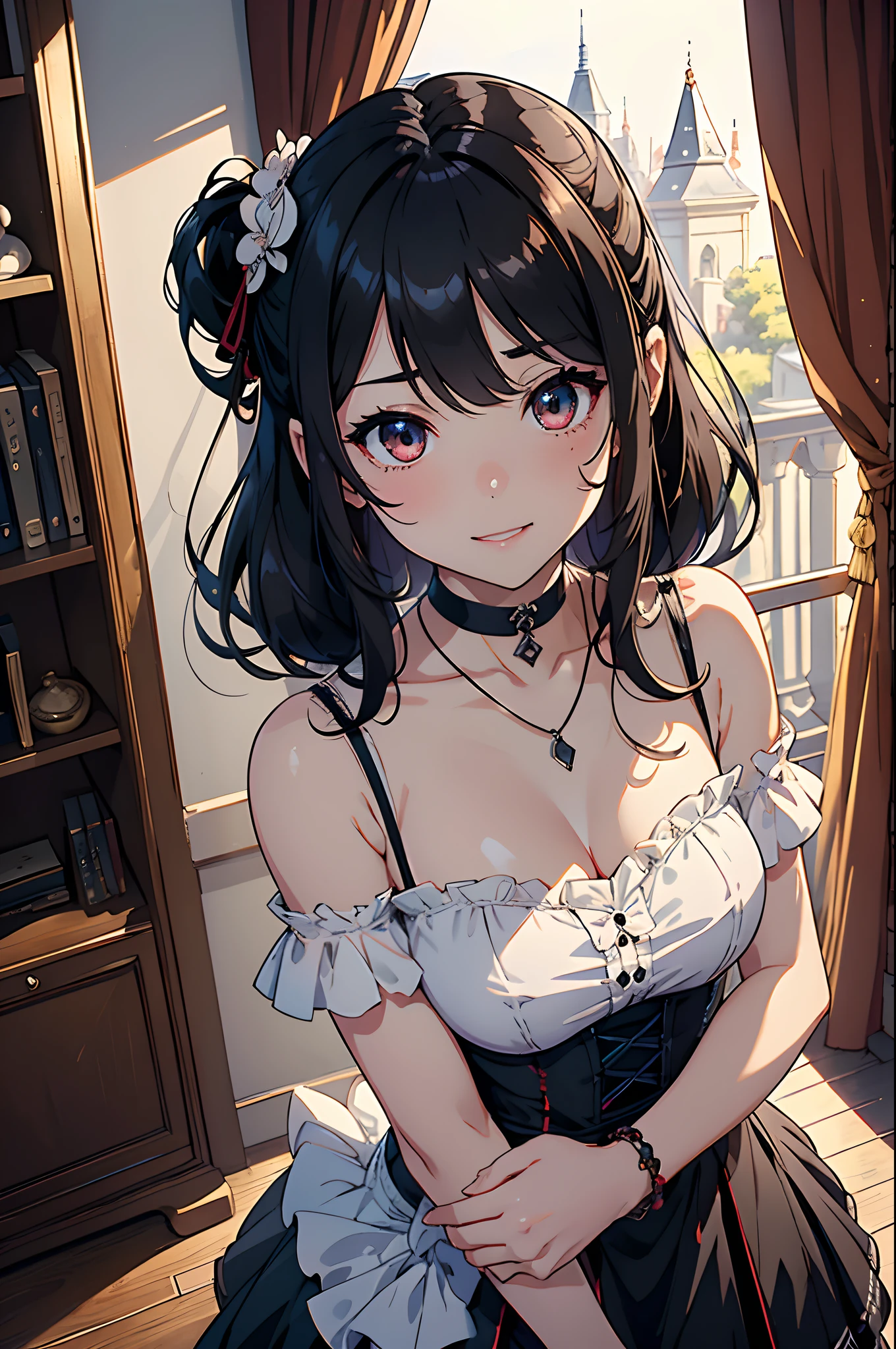 Background with:Western aristocratic room(wide々and study、bookcase、Large desk lined with historical Western antiques、Big old clock、Large houseplants、astronomical telescope、antique、Old brown globe、Stuffed deer head)。Laugh invincibly、show the grinps、a smile、Curvaceous but slender、Fantastic hair color、ornament detached、Black and white and ruffled maid clothes、Separate Wear、Niso、accessorized、Bracelets、Misanga、a necklace、arm band、Muchimuchi Body、well-muscled、mole、shairband、Distinctive charm points、Eyebrows、Sareme、poneyTail、Muscular nose、red blush、offensive、one eye covered、、Carrying a large scythe、Fleshy lips、Physical beauty、Black Choker、disheveled hair、Unique fashion、Depiction in motion、soft sunlight、Combining Light and Shadow、(top-quality、hight resolution、8k、masterpiece:1.2) 、(Cute)(masutepiece), (Best Quality),1girl in,Upper body,(double exposure:1.2),(Simple background:1), (Cinematic Angle),(Dynamic Angle),(Low contrast),(Flat color:0.7)。complex details beautiful and delicate eyes, Smooth Anime CG Art, Detailed Digital Anime Art, official artwork, pixiv style, Detailed anime artwork,