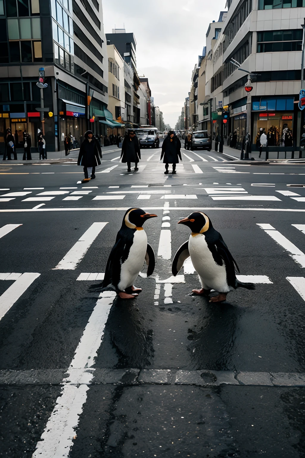 Penguins crossing a pedestrian crossing