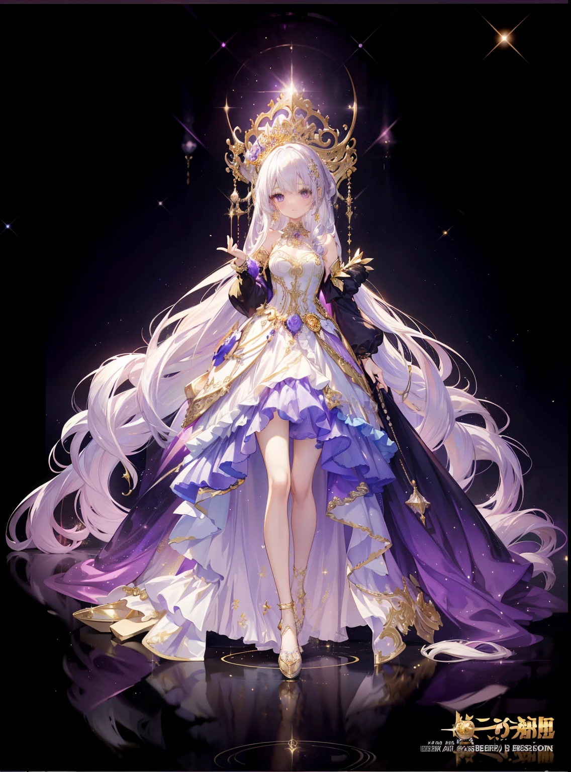 Ultra-realistic photo of a girl standing in a majestic light purple and gold ball gown dress, Big beautiful dress, Complex puffy ball gown with lots of frills and rhinestones (Best Quality, masutepiece, art  stations, Fantasy Art:1.2), Palace rooms, Beautiful cute girl, (long white hair:1.1), (Complex short gold skirt, Bare legs:1.2, Full body shot)