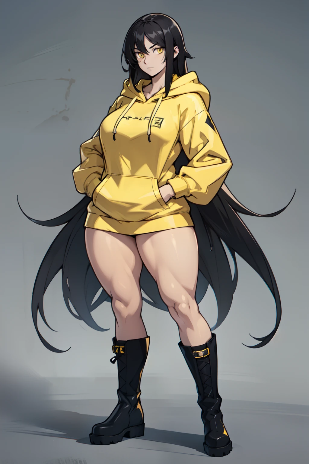 1girl (muscular large breasts thick thighs) pale skin black hair very long hair yellow eyes (over-sized hoodie over-sized boots) standing leggings full body