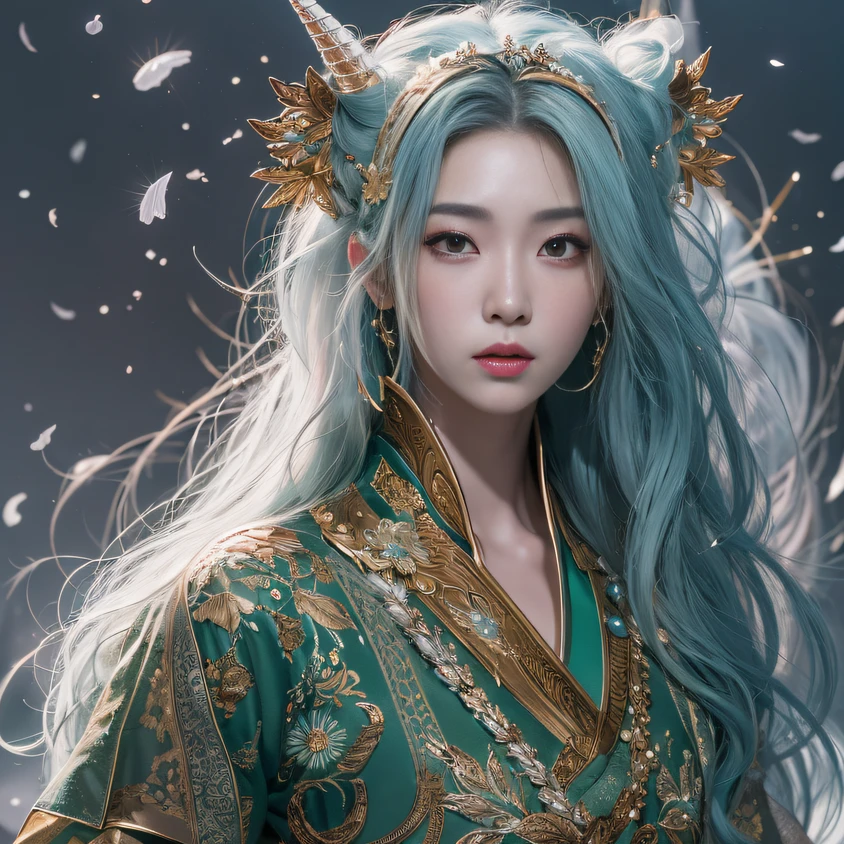 32K(tmasterpiece,k hd,hyper HD,16k)Flowing short hair,Backroom pond,zydink, a color, Asian people (A unicorn), (Silk scarf), Combat posture, looking at viewert, long whitr hair, Floating hair, Hanfu, Chinese clothes, longer sleeves, (abstract ink splash:1.2), white backgrounid,Horse unicorn beast(realisticlying:1.4),Snowflakes fluttering,The background is pure, A high resolution, the detail, RAW photogr, Sharp Re, Nikon D850 Film Stock Photo by Jefferies Lee 4 Kodak Portra 400 Camera F1.6 shots, Rich colors, ultra-realistic vivid textures, Dramatic lighting, Unreal Engine Art Station Trend, cinestir 800,