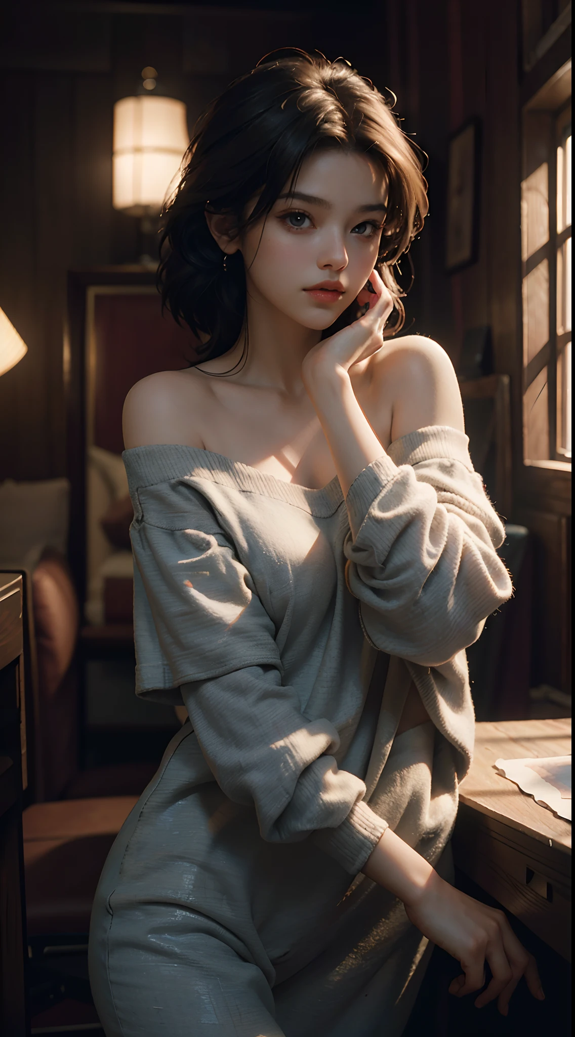 Best quality, masterpiece, ultra high res, (photorealistic:1.4), raw photo, 1girl, off shoulder, cinematic lighting