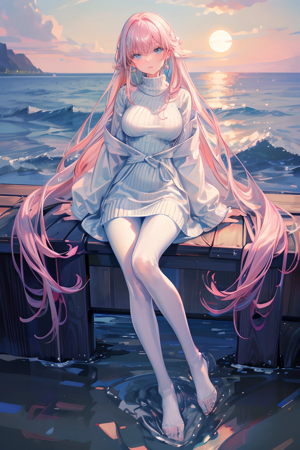 masterpiece, best quality, dusk, moon, over the sea, realistic, real, huge_filesize, wallpaper, girl, milf, long hair, pink hair, crossed bangs, beautiful detailed eyes, aqua eyes, looking at viewer, small breasts, sweater dress, miniskirt, white pantyhose, earrings, jewelry, crossed_legs, yokozuwari,