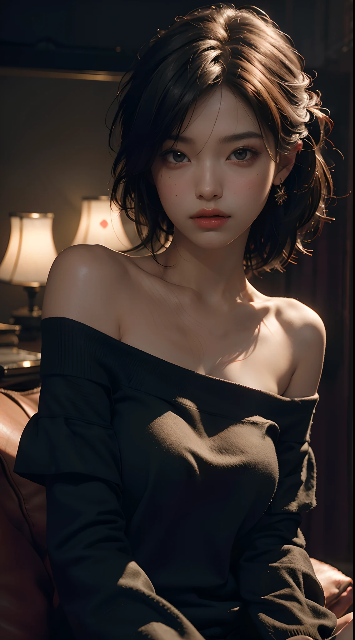 Best quality, masterpiece, ultra high res, (photorealistic:1.4), raw photo, 1girl, off shoulder, cinematic lighting
