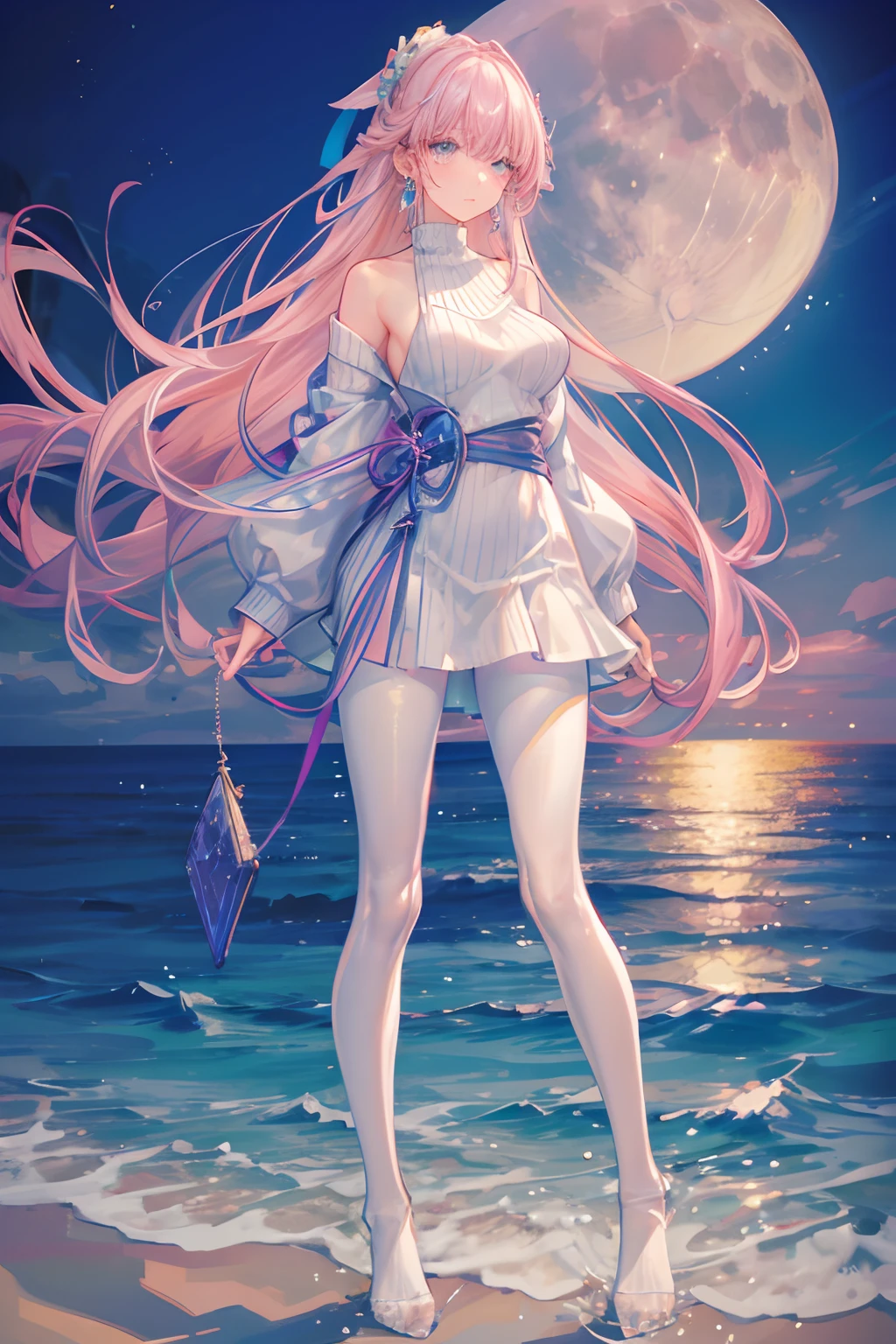 masterpiece, best quality, dusk, moon, over the sea, realistic, real, huge_filesize, wallpaper, girl, milf, long hair, pink hair, crossed bangs, beautiful detailed eyes, aqua eyes, looking at viewer, small breasts, sweater dress, miniskirt, white pantyhose, earrings, jewelry, crossed_legs, yokozuwari,