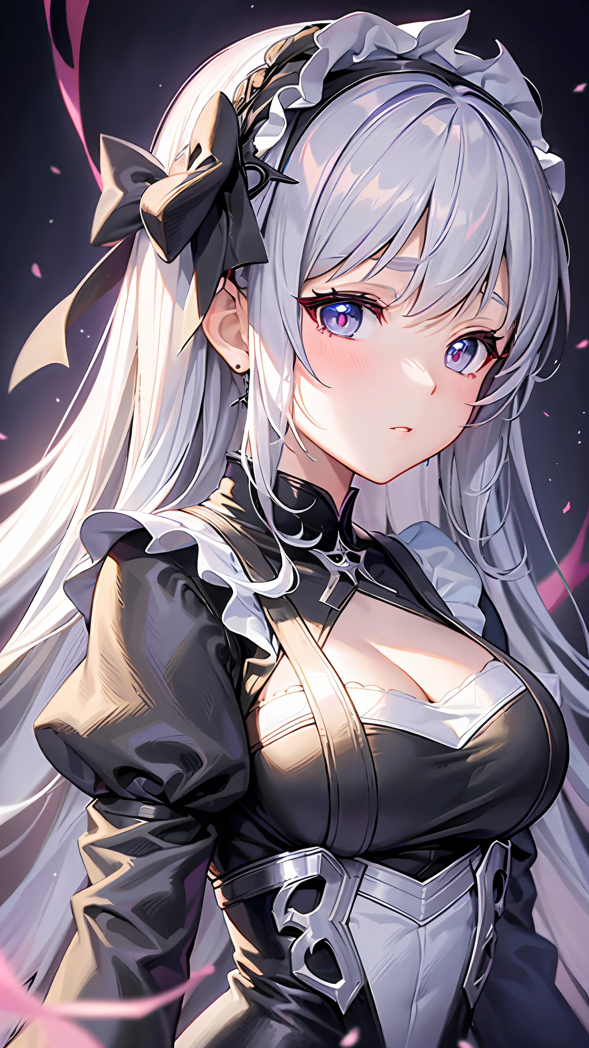 a close up of a woman in a dress with a white and black dress, gothic maiden anime girl, anime girl wearing a black dress, cute anime waifu in a nice dress, anime girl in a maid costume, an elegant gothic princess, guweiz, guweiz on pixiv artstation, guweiz on artstation pixiv, beautiful anime girl