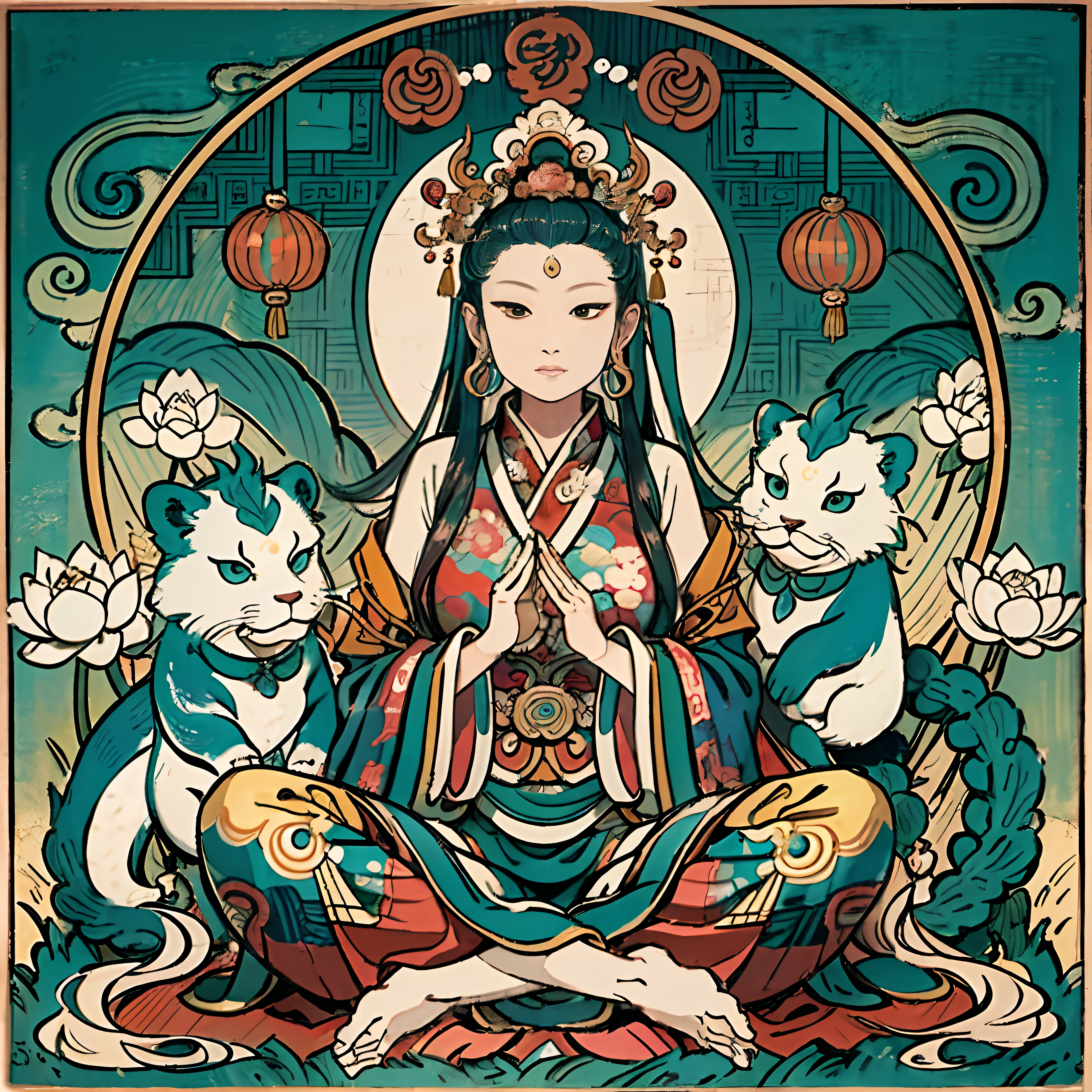 an ancient Chinese goddess, guanyin of the southern seas, Guanyin, Inspired by India, Avalokiteshvara rides a lion,,Serene expression,shui mo hua,Buddha,Buddhist,Lotus,Chinese painting style,Thangka style
