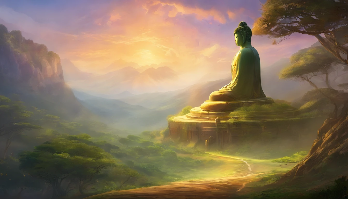 Giant Buddha statue in the distance, pedra, textura, alto, majestoso, imagem invertida, The background is illuminated by sunlight, towering trees, Peregrinos caminhando na estrada. The composition is beautiful, Com obras-primas, Detalhes, and high definition
