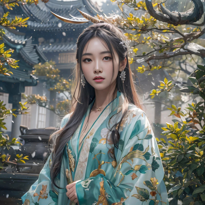 32K(tmasterpiece,k hd,hyper HD,16k)Flowing short hair,Backroom pond,zydink, a color, Asian people (A unicorn), (Silk scarf), Combat posture, looking at viewert, long whitr hair, Floating hair, Hanfu, Chinese clothes, longer sleeves, (abstract ink splash:1.2), white backgrounid,Horse unicorn beast(realisticlying:1.4),Snowflakes fluttering,The background is pure, A high resolution, the detail, RAW photogr, Sharp Re, Nikon D850 Film Stock Photo by Jefferies Lee 4 Kodak Portra 400 Camera F1.6 shots, Rich colors, ultra-realistic vivid textures, Dramatic lighting, Unreal Engine Art Station Trend, cinestir 800,