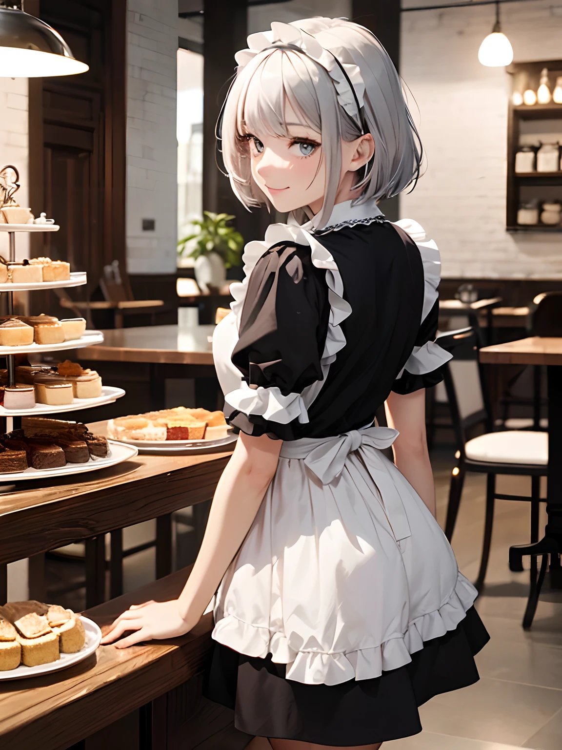 (Style Princess:0.8), Beautiful Girl, Silver Hair,1 Girl, (Black and Silver Hair), ((Cafe)), Slim, Masterpiece, High Contrast, White Shirt, Mini Briefs, Blunt Bangs, Medium Hair, Ultra Detailed, Best Quality, Ultra High Definition, High Definition, Details