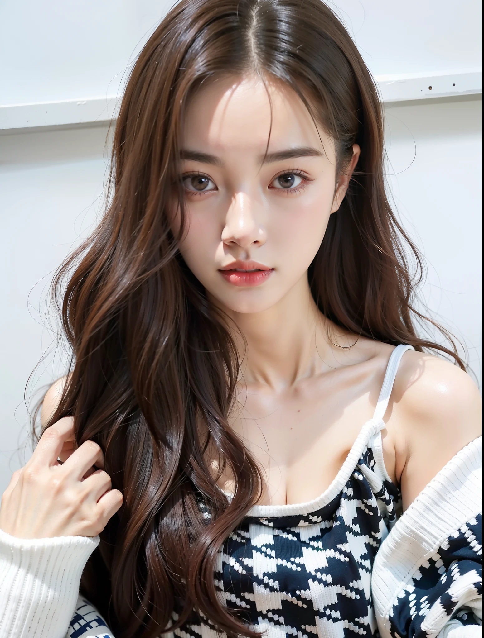 Arafed asian woman with long brown hair and a white top, Ulzzang, Jaeyeon Nam, com cabelos longos, Jinyoung Canela, Fotografia selfie 8k, wan adorable korean face, jennie blackpink, young adorable korean face, imagem vazada, Heonhwa Choe, cabelos ondulados na altura dos ombros, Lee Ji-eun, Lee Ji - Eun