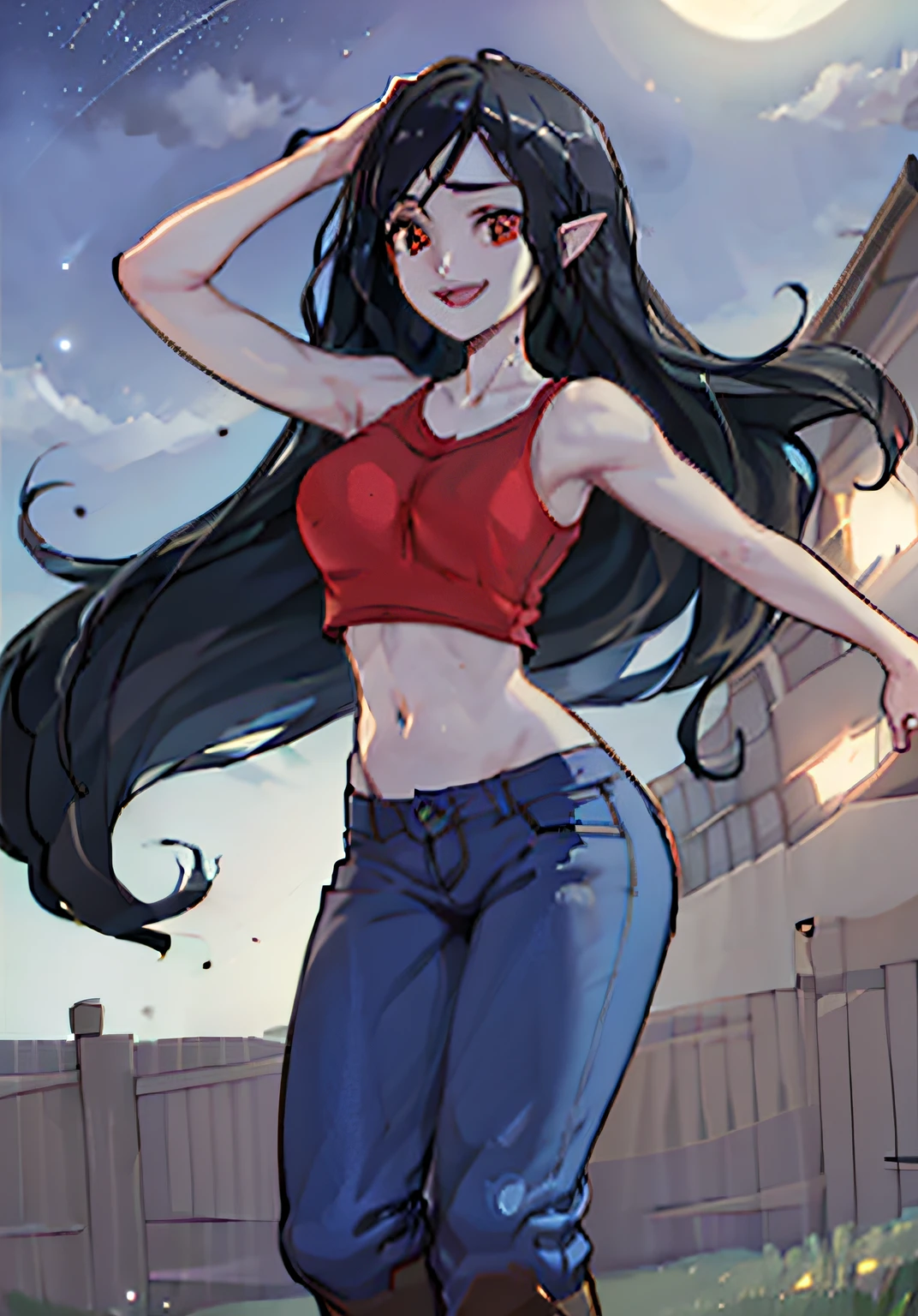 (MarcelineWaifu:1), cute, big breasts, looking at viewer, :D, solo, (tank top, jeans, boots:1), breast focus, (flying), (guitar),

(realistic:1.2), (realism), (masterpiece:1.2), (best quality), (ultra detailed), (8k, 4k, intricate),(full-body-shot:1),(Cowboy-shot:1.2), (85mm),light particles, lighting, (highly detailed:1.2),(detailed face:1.2), (gradients), sfw,

(detailed ladscape, black sky, stars, night time, moonlight, full moon,(detailed background),detailed landscape, (dynamic angle:1.2), (dynamic pose:1.2), (rule of third_composition:1.3), (Line of action:1.2), wide shot, solo,