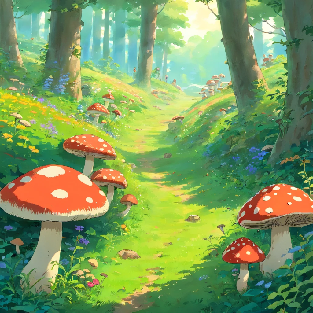 The meadow is covered with mushrooms
