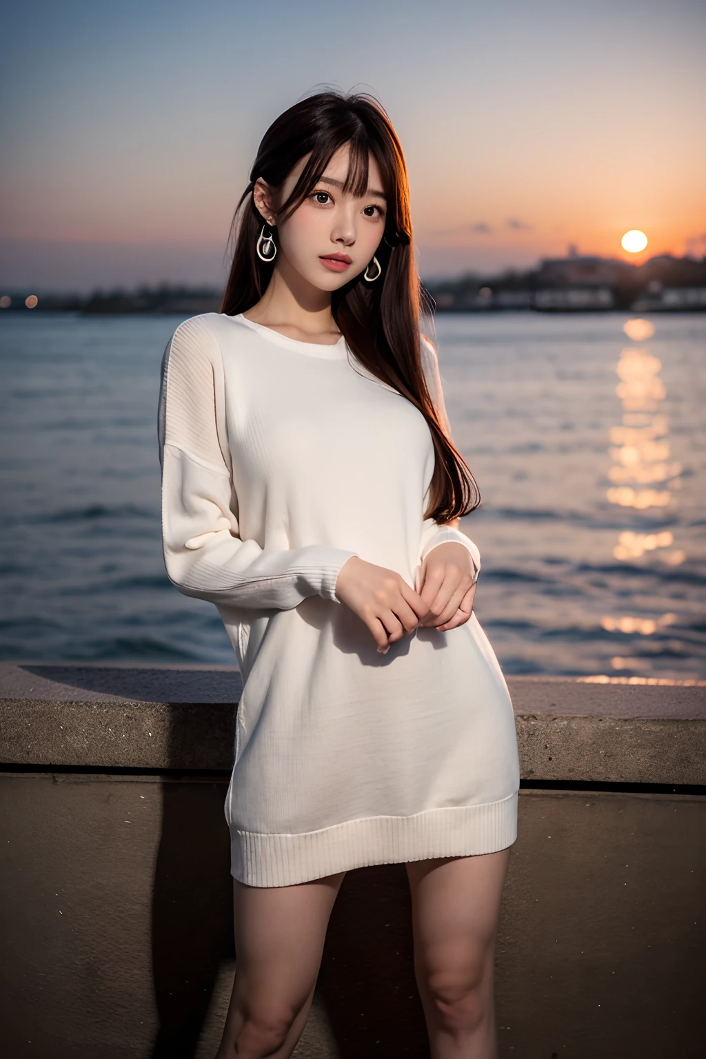 Masterpiece, Best quality, Dusk, Moon, over the sea, Realistic, Real, Huge_filesize, the wallpaper, Girl, A MILF, Long hair, Pink hair, crossed bangs, Beautiful detailed eyes, aqua eyes, view the viewer, Small breasts, Sweater dress, Miniskirt, White pantyhose, Earrings, jewelry, Crossed_Legs, yokozuwari,