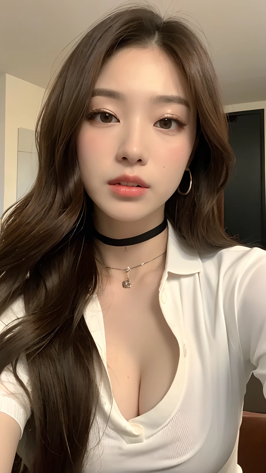 ((Realistic lighting, Best quality, 8K, Masterpiece: 1.3)), Focus: 1.2, 1girl, Perfect beauty: 1.4, Slim Abs: 1.1, ((wavy red hair, small breasts: 1.3)), (black chocker, transparent white shirt: 1.1, Black open crotch socks: 1), (indoor, night: 1.2), thin eyes, Double eyelids, (lying on bes: 1.4), facing the camera, seductive lips open, (half body: 1)