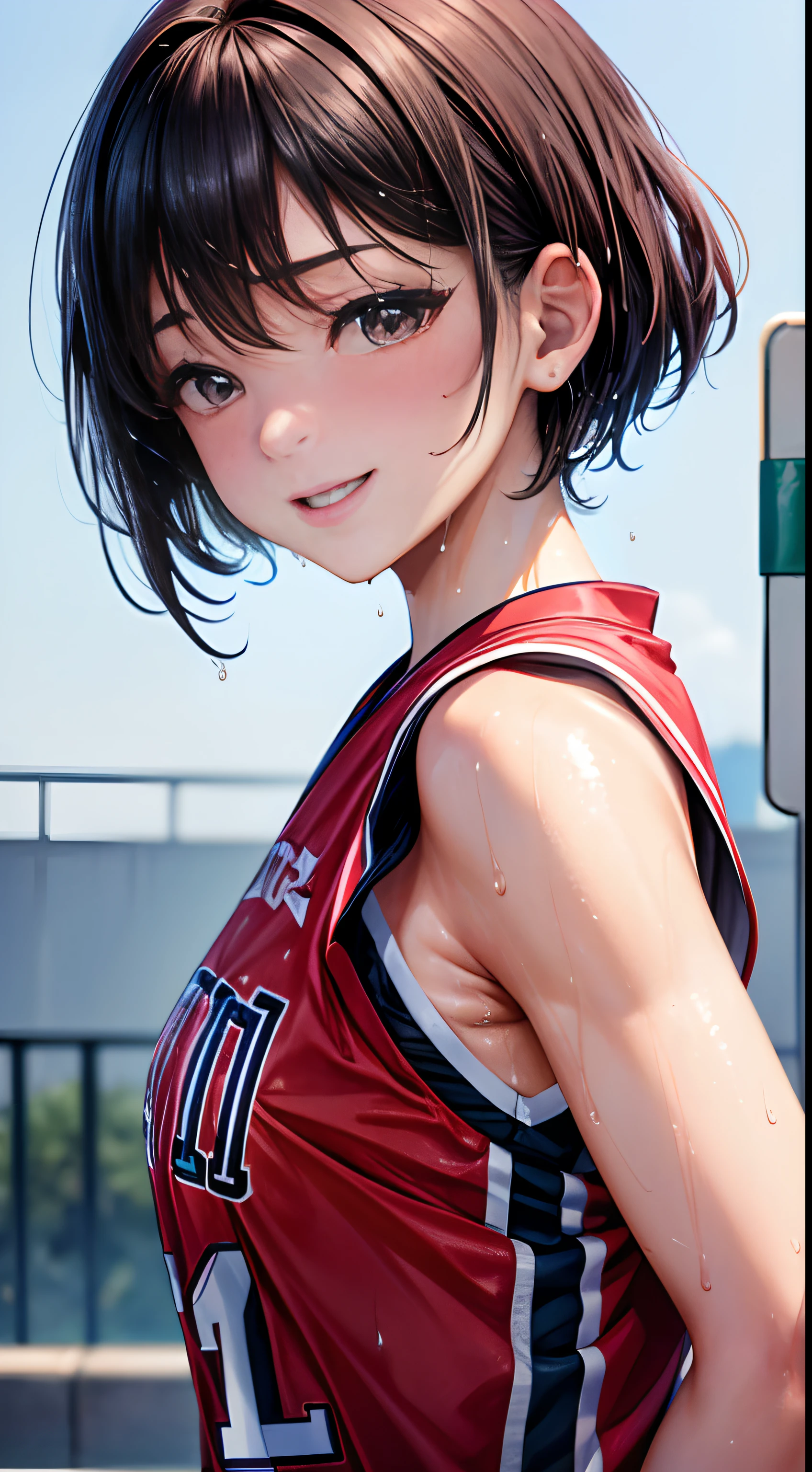 (masterpiece,top-quality,超A high resolution),A Japanese Lady, (((Very beautiful girl))), Kawaii Girl、View photographer、Front view, ((Shorthair)), hyper cute face, Glossy lips, Double eyelids in both eyes,Smiling smile、 Natural makeup, long eyelashes, Glossy and smooth hair quality、central image, Perfect limbs, Perfect Anatomy,(((Basketball Uniforms)))、((())),(((Wet with sweat))),A bra can be seen from the side of the uniform,