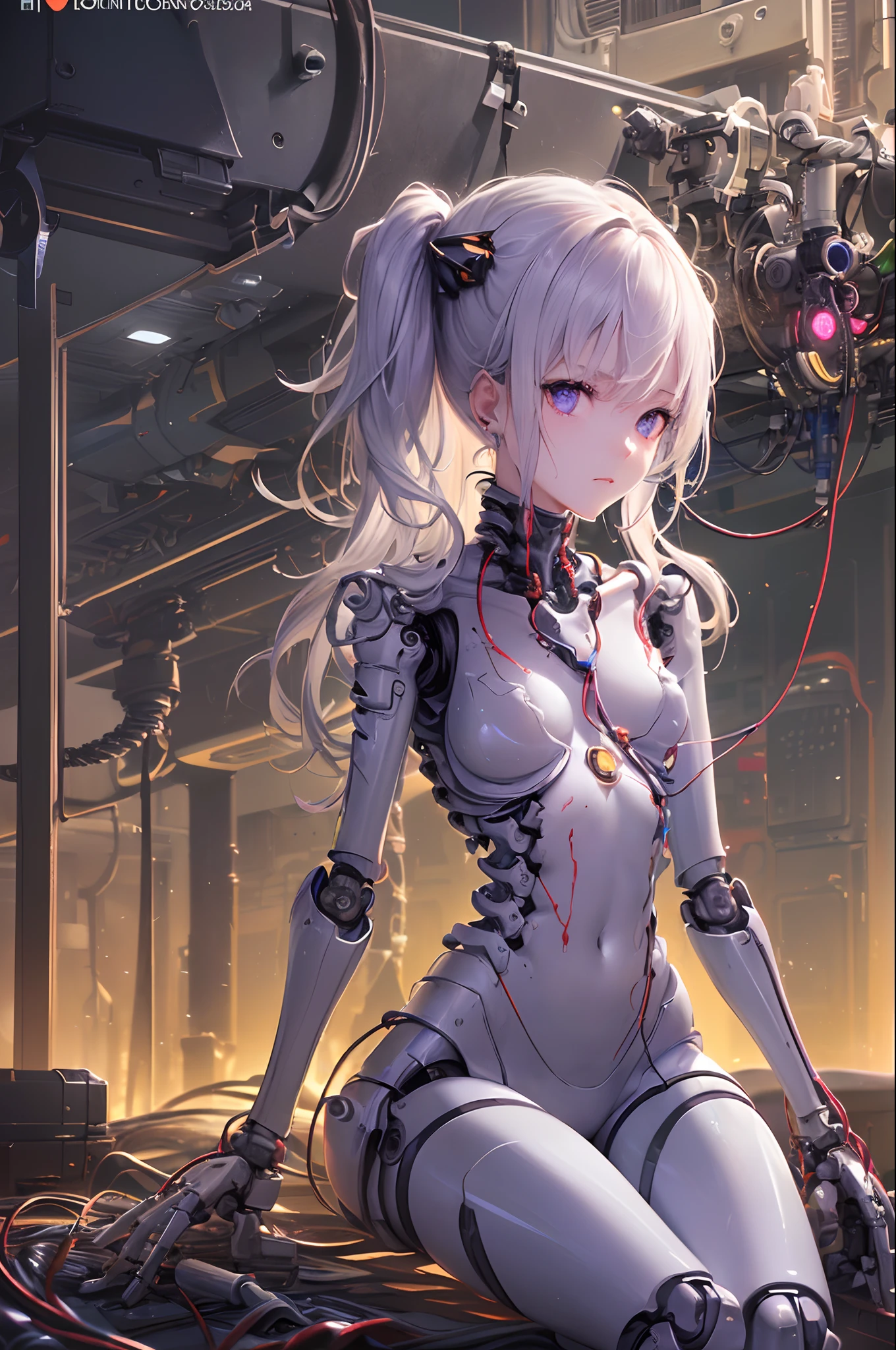 (((Masterpiece)))), (((highest quality)))), ((Ultra Definition)), (Very Detailed Photoreality), (((Very Delicate and Beautiful)), (Delicate and Pretty Face), Cinematic Light, (((1 Machine Girl)), Solo, Full Body, Big, Cleavage Is Visible Skin, White Hair, Purple Eyes, Luminous Eyes, (Mechanical Joint: 1.4), (Mechanical limbs)), (Blood vessels connected to tubes), (( Mechanical vertebrae attached to the back)), ((Cervical vertebrae of the machine) attached to the neck)), (((sitting)), expressionless, (wires and cables attached to the head and body: 1.5), (character focus), small LED lamps on the body, Evangelion, SF, metallic body, detailed neon --auto --s2