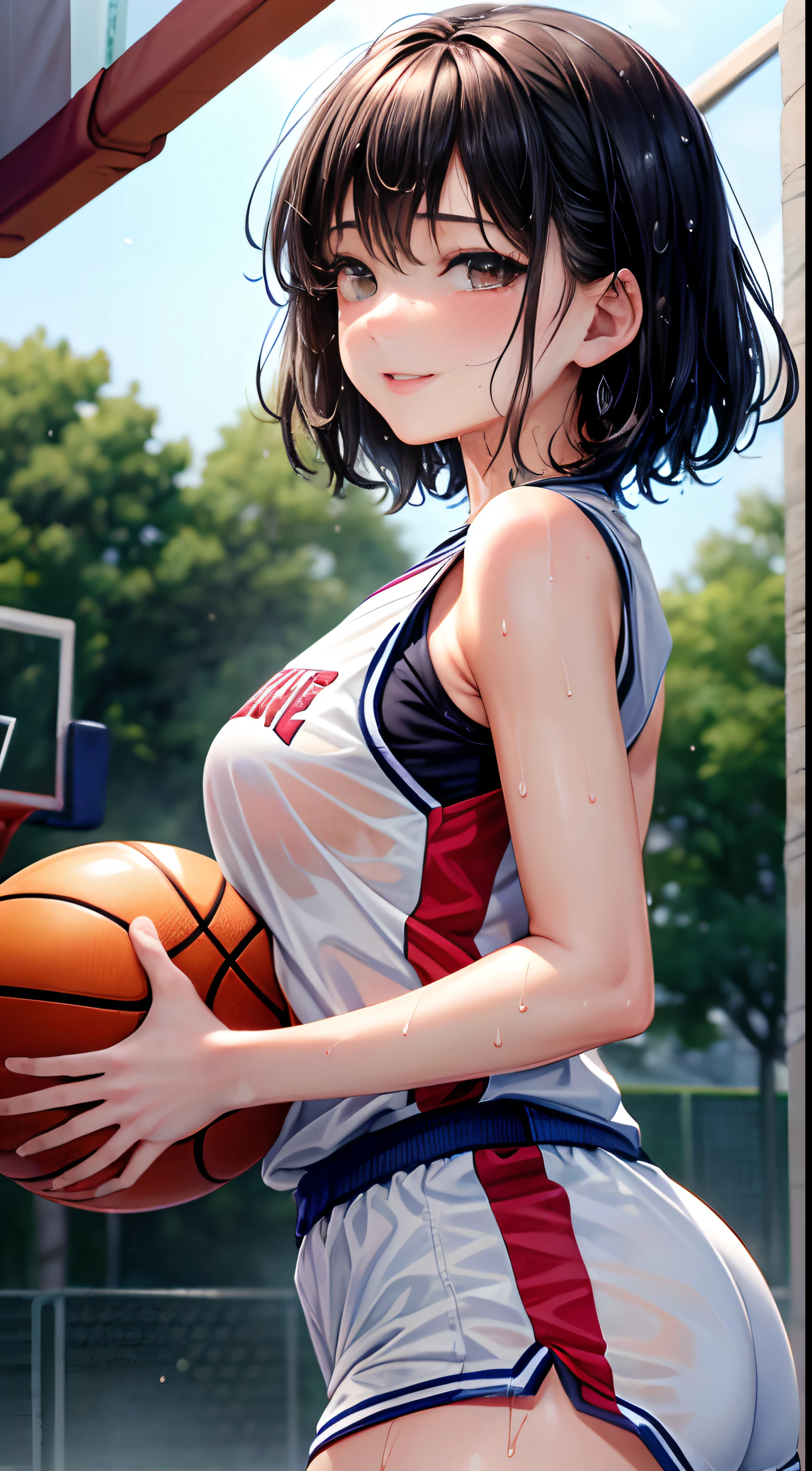 (​masterpiece,top-quality,超A high resolution),A Japanese Lady, (((Very beautiful 12 year old girl))), Kawaii Girl、View photographer､Front view,  ((Shorthair)), hyper cute face, Glossy lips, Double eyelids in both eyes,Smiling smile、 Natural makeup, long eyelashes, Glossy and smooth hair quality､central image,  Perfect limbs, Perfect Anatomy,(((Basketball Uniforms)))、((())),(((Wet with sweat))),A bra can be seen from the side of the uniform,