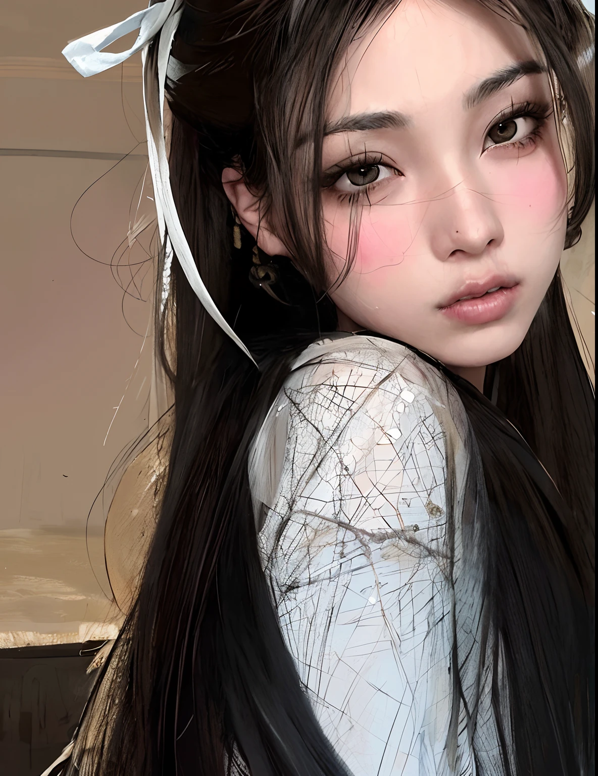 Hay una joven de pelo largo y camisa blanca, con cabello largo y ojos penetrantes, ulzzang, Ojos grandes y cabello largo y suelto, maquillaje popular de Corea del Sur, Chica coreana, cruel korean goth girl, maquillaje coreano popular, cabello negro y ojos grandes, Joven y adorable rostro coreano, con hermosos ojos detallados, Asian girl with long hair, Beautiful aesthetic face