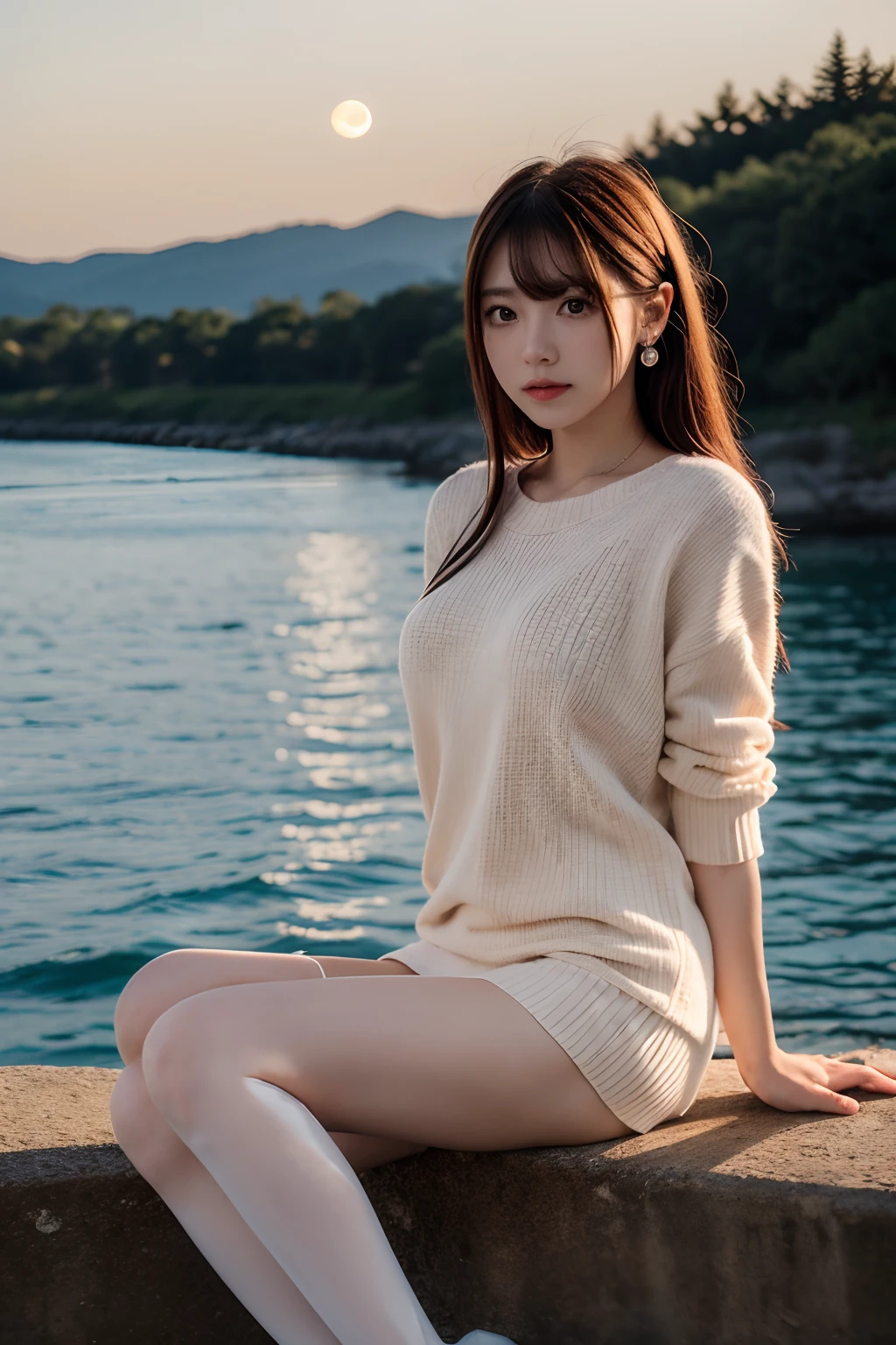 Masterpiece, Best quality, Dusk, Moon, over the sea, Realistic, Real, Huge_filesize, the wallpaper, Girl, A MILF, Long hair, Pink hair, crossed bangs, Beautiful detailed eyes, aqua eyes, view the viewer, Small breasts, Sweater dress, Miniskirt, White pantyhose, Earrings, jewelry, Crossed_Legs, yokozuwari,