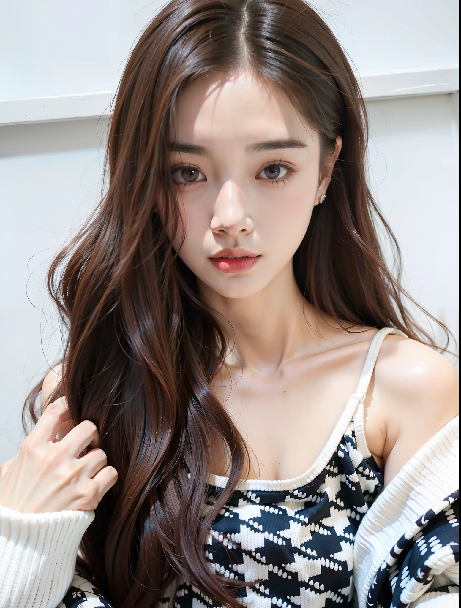 ​masterpiece、8K、32K、top-quality、(A detailed eye)、(A cute Japanese woman、bangss:1.3)、23years old、1 girl in、elegent、(White concrete wall)、black tank-top