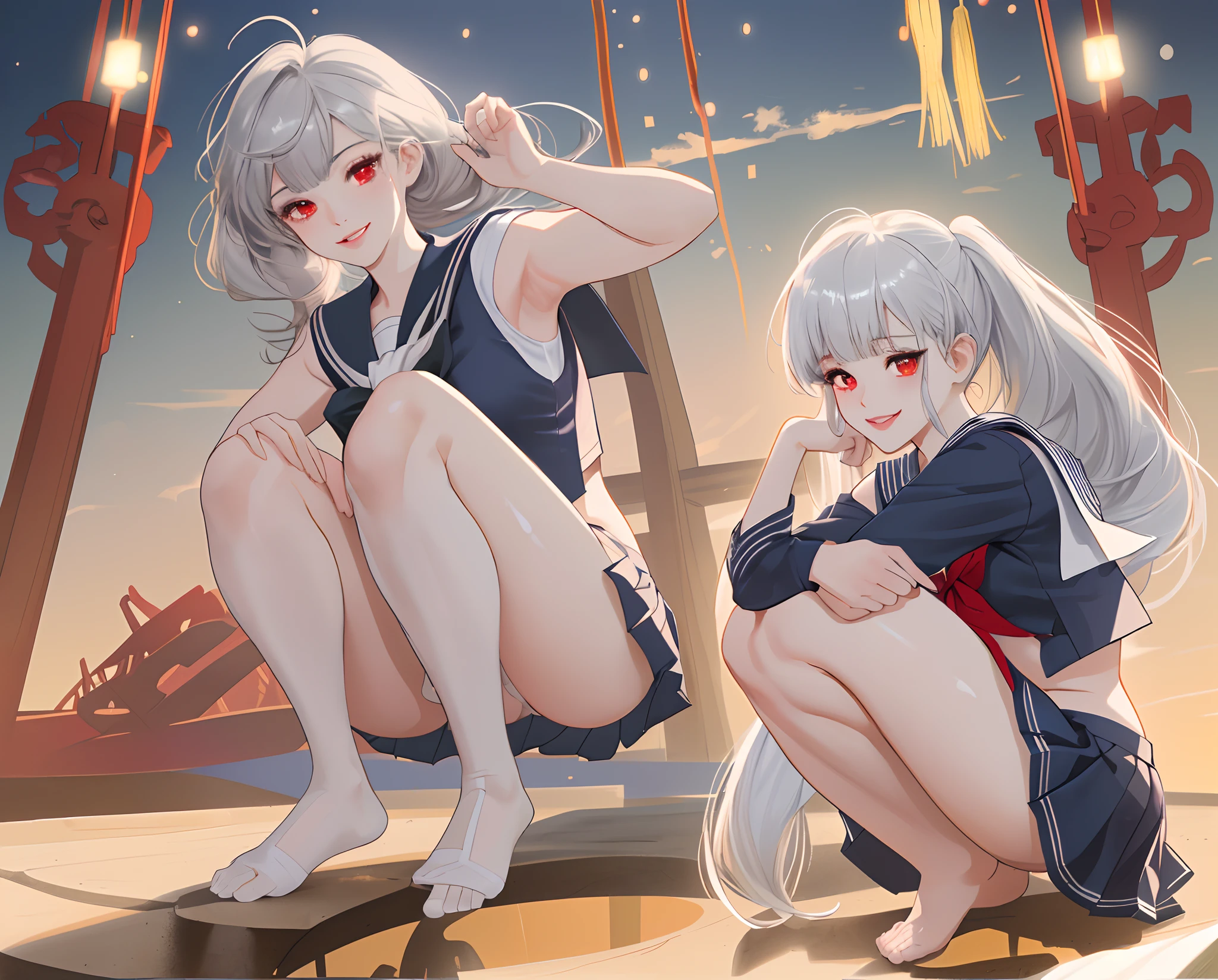 1 girl、tmasterpiece、beautiful light up、Detailed beautiful face、Detailed beautiful eyes、A high resolution、super fine illustrations、Extremely Delicately Beautiful、top-quality、The whole body is shown、Feet first、(A MILF:1.2), ((crouched:1.5)),Bare knees、独奏, 30s,white skinned, (silber hair, Blunt bangs ,poneyTail,Red eyes),, Curvaceous, (shinny hair, shinning eyes, shiny skins), Kaihuai, A smile, (glistning skin:1.2), 、thighs thighs thighs thighs、((squatt、Open legs))、frontage、((sailor outfit)),Pichi Pichi clothes、ratex、Short skirt、校服、Navel is visible、pelvis curtain、Armpits、A smile、black thighhigns、Watch your audience、Under the chest、face flushed、perspired、Pedras preciosas、thick thight、parted lip、Pantyhose、Reddening cheeks、tiptoes、low tune