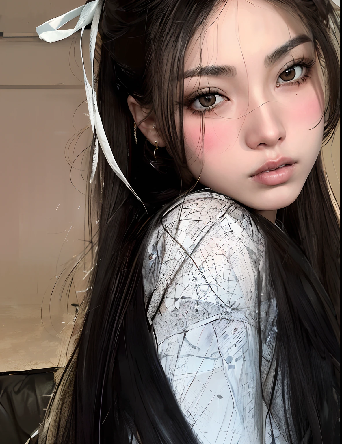 Hay una joven de pelo largo y camisa blanca, con cabello largo y ojos penetrantes, ulzzang, Ojos grandes y cabello largo y suelto, maquillaje popular de Corea del Sur, Chica coreana, cruel korean goth girl, maquillaje coreano popular, cabello negro y ojos grandes, Joven y adorable rostro coreano, con hermosos ojos detallados, Asian girl with long hair, Beautiful aesthetic face