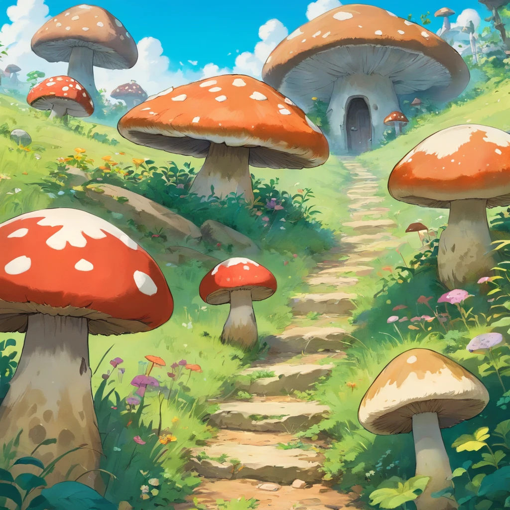 The steppe is overgrown with mushrooms，Close-up