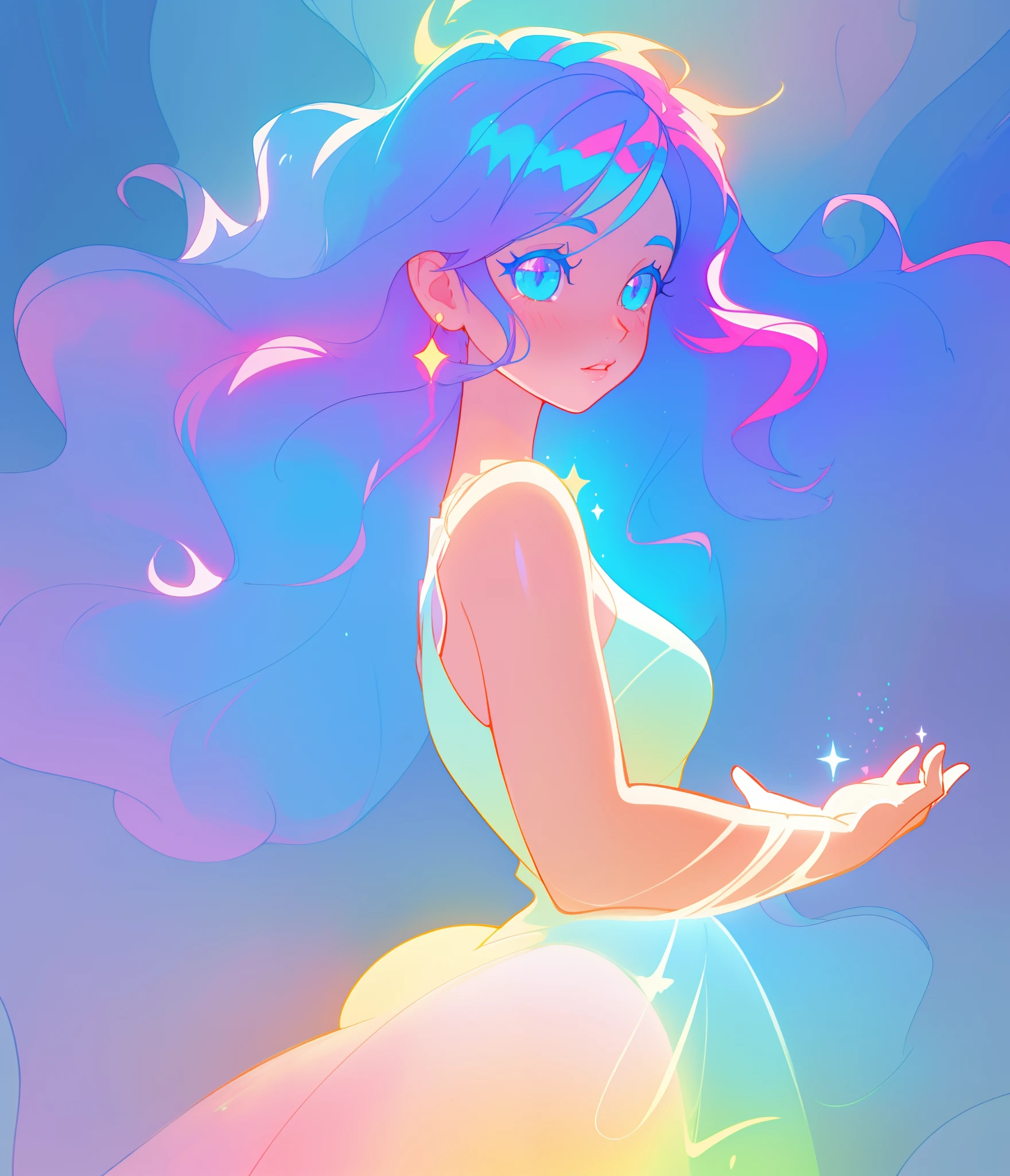 beautiful anime girl in colorful liquid dress, vibrant pastel colors, (colorful), magical lights, sparkling liquid light, colorful wavy hair, inspired by Glen Keane, inspired by Lois van Baarle, disney art style, by Lois van Baarle, glowing aura around her, by Glen Keane, jen bartel, glowing lights! digital painting, flowing glowing hair, glowing flowing hair, beautiful digital illustration, fantasia background, whimsical, magical, fantasy, beautiful face, ((masterpiece, best quality)), intricate details, highly detailed, sharp focus, 8k resolution, sparkling detailed eyes, liquid watercolor