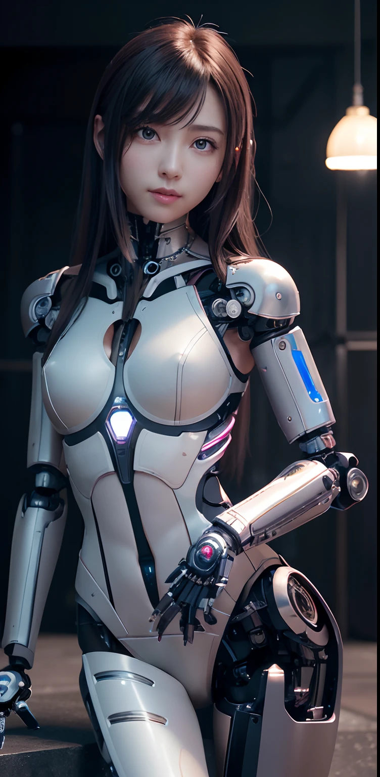 top-quality、​masterpiece、超A high resolution、(Photorealsitic:1.4)、((a beauty girl:1.6)), 1 full-body cyborg girl、、NOhumans、((The skin part is only the face)), Luminous Eyes、((Lots of split metal chest protectors)), Metal Robot、((The whole body is the body of a combat robot))、((Body parts are robot parts:1.8))、((The internal mechanisms of the chest are exposed)), ((Mechanical chest armor with LED indicators and meters)), Robot arms and legs、((Exposed metal skeleton of the abdomen))、Metal skeleton of the cervical region、Under repair、destroyed body、Metal Mechanical Bra、Full Body Metal Skin、Metal bodysuit、Metal scales covering the whole body、body made of metal、Whole body metal、a beauty girl、prosthetic hand、artificial leg、Full body cyborg、Exposed metal skeleton、Asian Beauty、cyberpunked、steampunc、Inside the futuristic space battleship、laboratory、Complex 3d rendering beautiful porcelain profile ultra detailed female type android face、dark brown  hair、glowy skin、((super realistic details))、portlate、globalillumination、Shadow、octan render、metals、Details of complex ornaments、Japan details、highly intricate detail、Realistic light、CGSoation Trends、a purple eye、radiant eyes、Facing the camera、neon details、Mechanical limbs、blood vessels connected to tubes、Mechanical vertebrae attached to the back、mechanical cervical attaching to neck、sitting on、Wires and cables connecting to the head、Gundam、Small LED lamp、​masterpiece、 Metal Robot、body made of metal、Whole body metal、prosthetic hand、artificial leg、Full body cyborg、Exposed metal skeleton、Asian Beauty、cyberpunked、steampunc、Futuristic cities、laboratory、Complex 3d rendering beautiful porcelain profile super detailed female android face、cyborgs、roboticparts、150mm、beautiful studio soft light、Rim Lights、vibrant detail、luxuriouscyberpunk、Ren Hao、surrealistic、Anatomical、face muscles、cable electric wires、microchips、elegent、beatiful backgrounds、octan render、HR Giger Style、8K、top-quality、​masterpiece、illustratio、extremely delicat