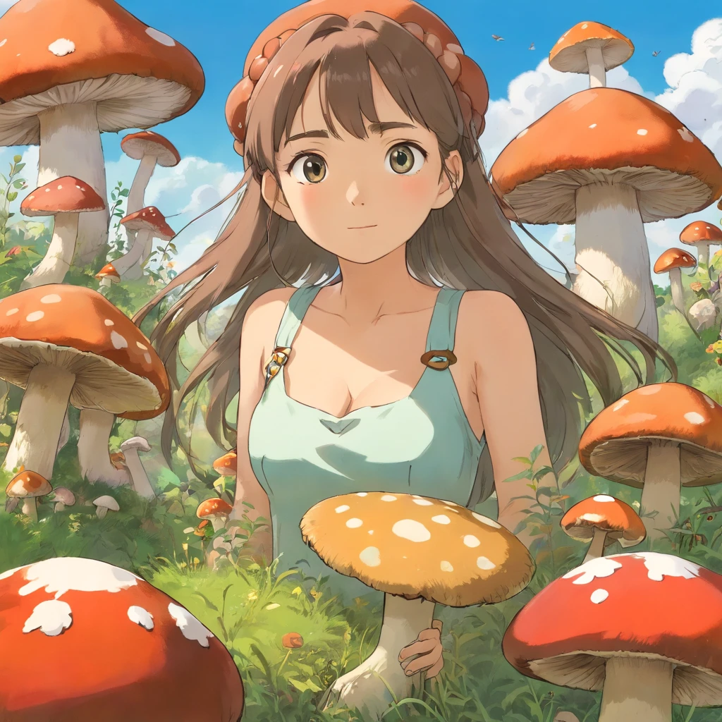 The steppe is overgrown with mushrooms,closeup cleavage,Ants gnaw on mushrooms