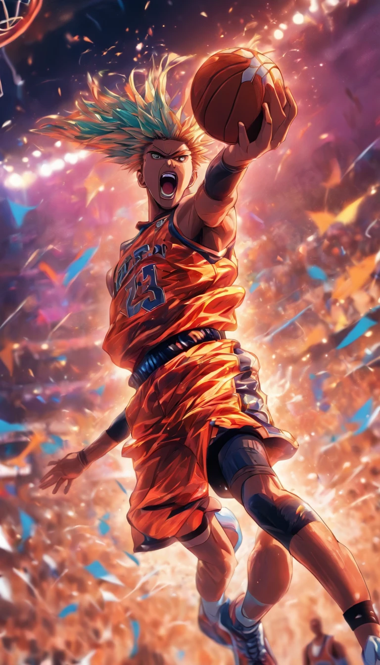 Basketball game,dunking,The defender jumps on the block action,illustration,Master style,Top quality,offcial art,Intense atmosphere,Close-up of the whole body in close focus,
