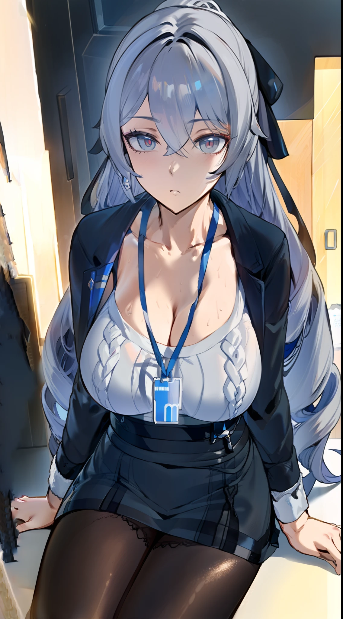 2D, HD, Detailed details, Detailed landscapes, beautiful lights, Beautiful Shadows, top-quality, Highly detailed, masterpiece, best quality, solo, 1girl, bronya-OL2, solo, suit jacket, thighband pantyhose, id card, full body, high heels, high-waist skirt, ribbed sweater, sitting, office, indoors, depth of field, looking at the viewer, anime-styled, (large breasts), hews