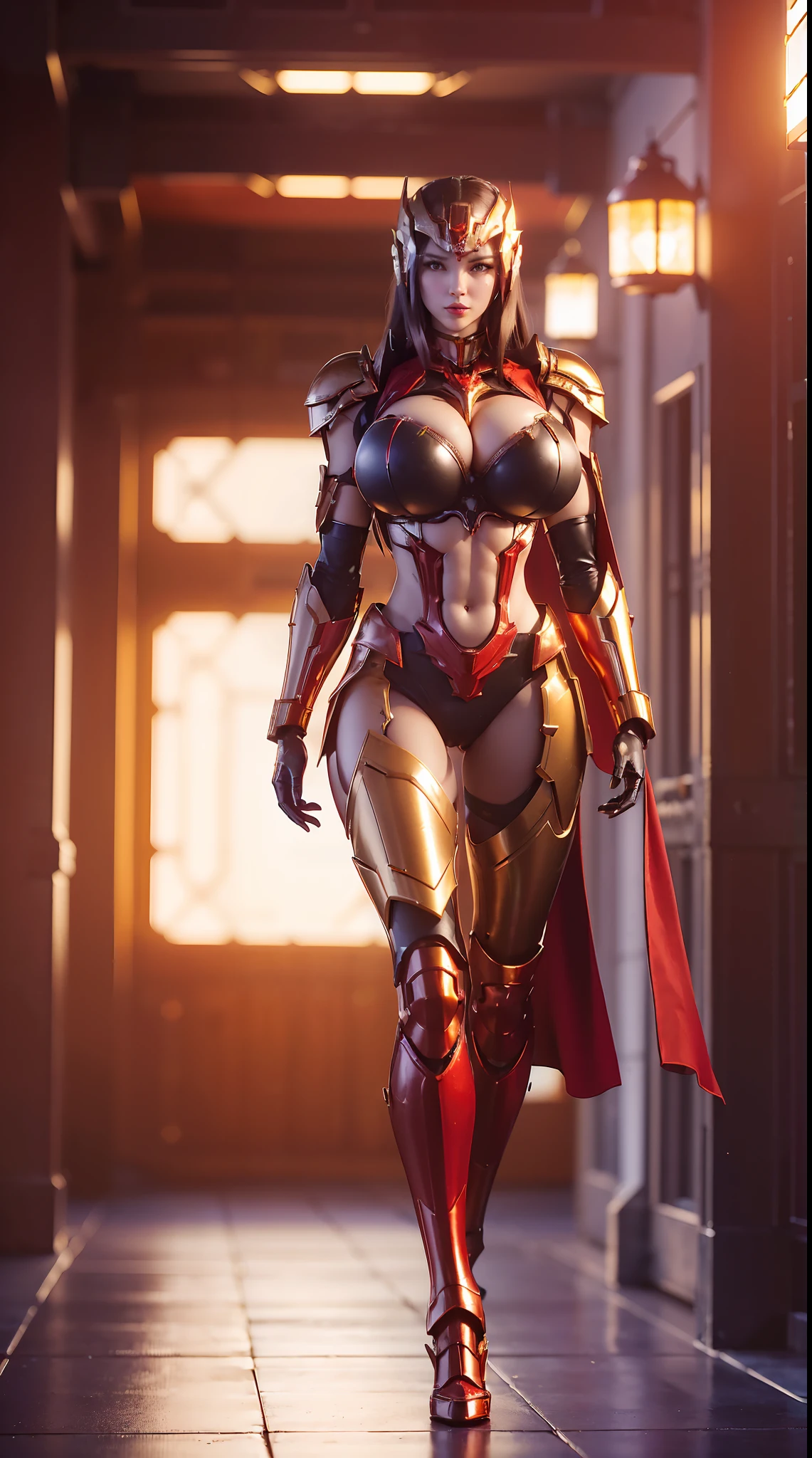 (1GIRL), (ssmile, red_libs, dark_hair), (phoenix mecha helmet:1.2), (BIG BUTTOCKS, HUGE BOOBS:1.4), (PHOENIX MECHA GUARD ARM, GLOVES:1.3), (red, MECHA CYBER SHINY ARMORED SUIT, ROYAL CAPE, CLEAVAGE, MECHA SKINTIGHT HOTPANTS, GUARD ARMOR LEGS, HIGH HEELS:1.4), (NSFW MUSCULAR BODY, SEXY LONG LEGS, FULL BODY:1.5), (MUSCLE ABS:1.2), (LOOKING AT VIEWER:1.2), (WALKING DOWN HALLWAY OF FUTURISTIC SPACE STATION, BRIGHT LIGHTING:1), PHYSICALLY-BASED RENDERING, ULTRA HIGHT DEFINITION, 16K, 1080P.