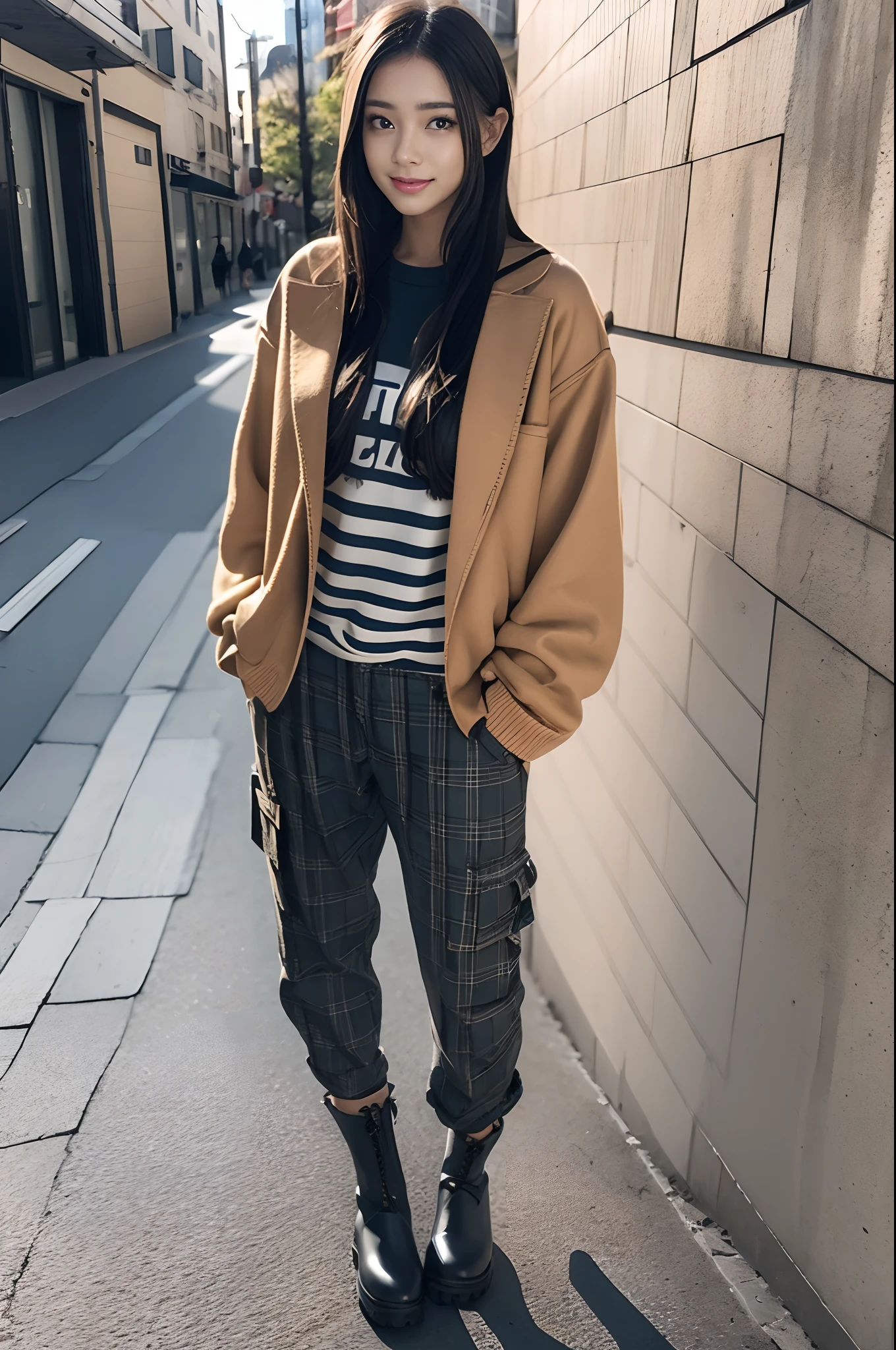 1girl, solo, Felt Sweatshirt, checkered cargo pants, Stretched Chunky Boots