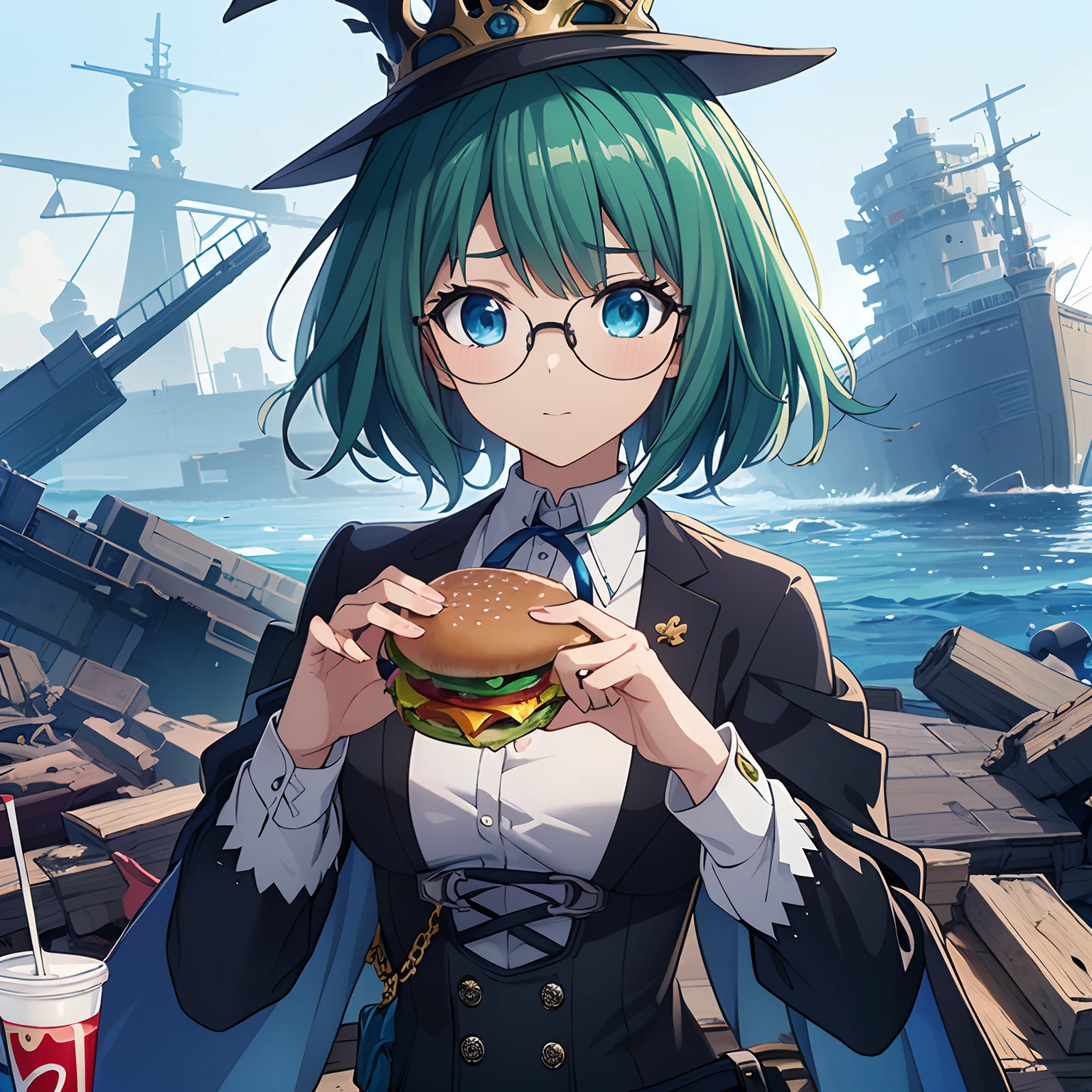 ((Top Quality, 16k, Masterpiece: 1.3)), an anime girl wearing square glasses with green hair in a bob, wearing a crown, blue eyes and dressed in a witch theme looks at the reader while eating a hamburger in the middle of a sunken ship, in the drawing style of Makoto Shinkai