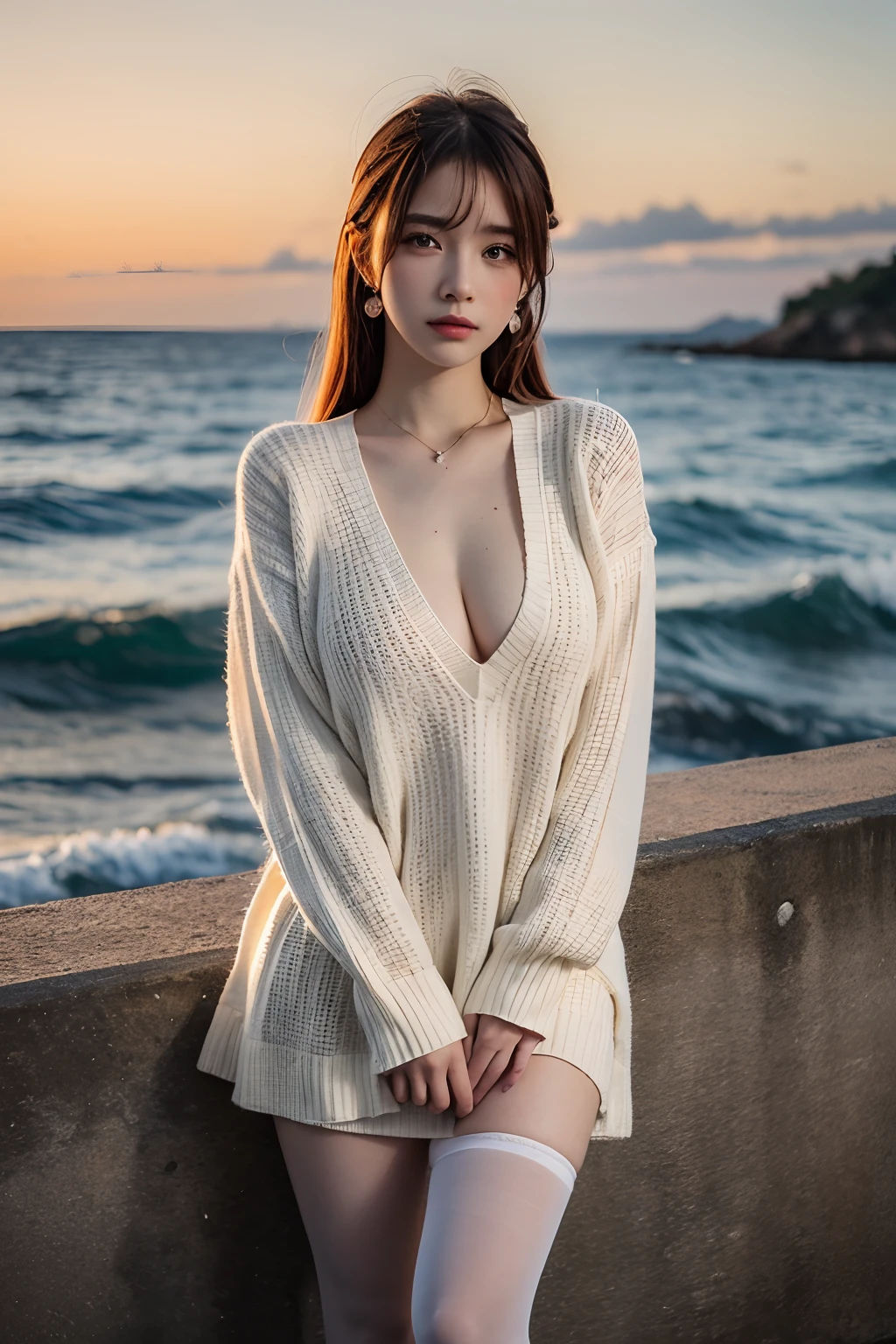 Masterpiece, Best quality, Dusk, Moon, over the sea, Realistic, Real, Huge_filesize, the wallpaper, Girl, A MILF, Long hair, Pink hair, crossed bangs, Beautiful detailed eyes, aqua eyes, view the viewer, Small breasts, Sweater dress, Miniskirt, White pantyhose, Earrings, jewelry, Crossed_Legs, yokozuwari,