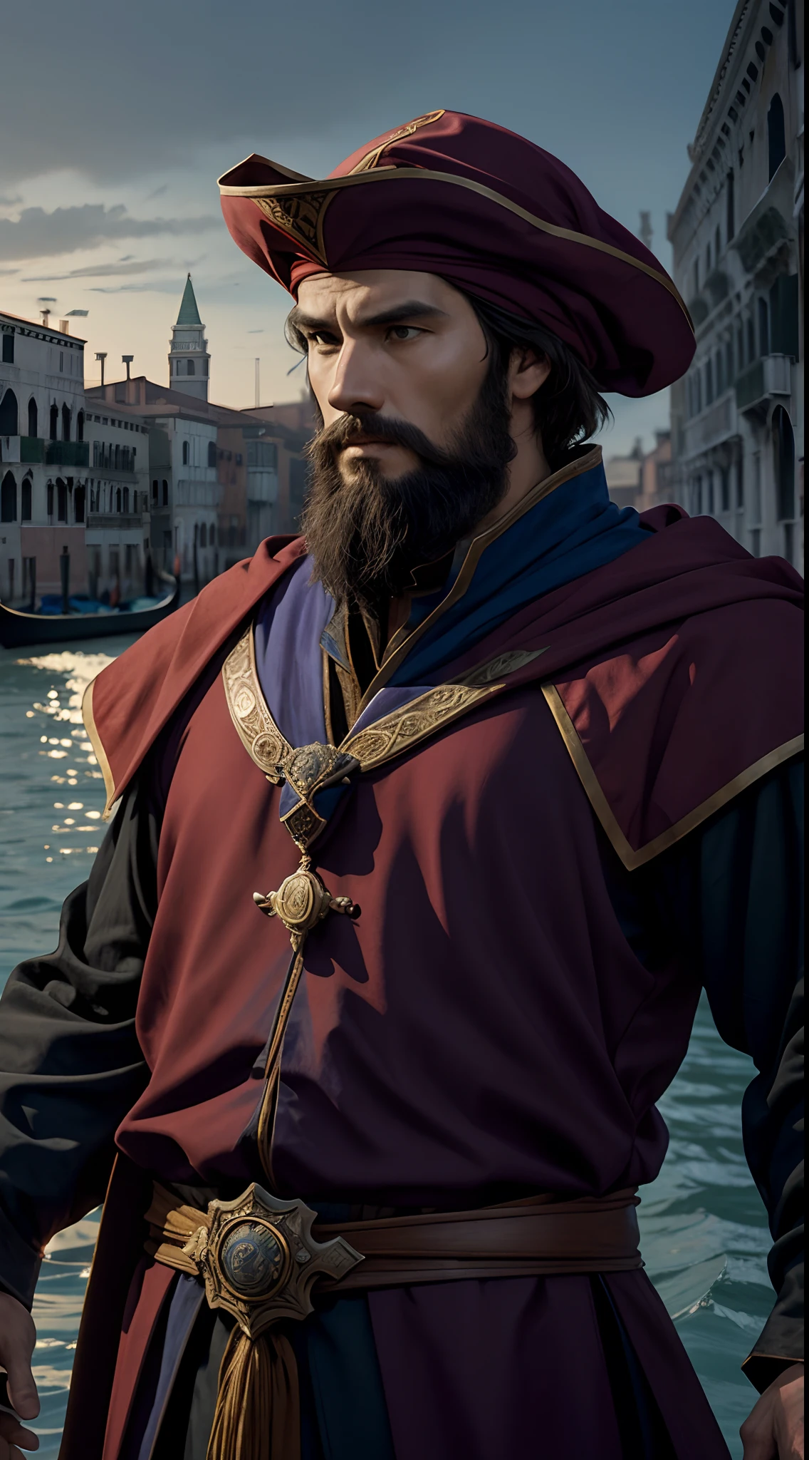 venice man, marco polo, adventurer,13th century,epic , dark background