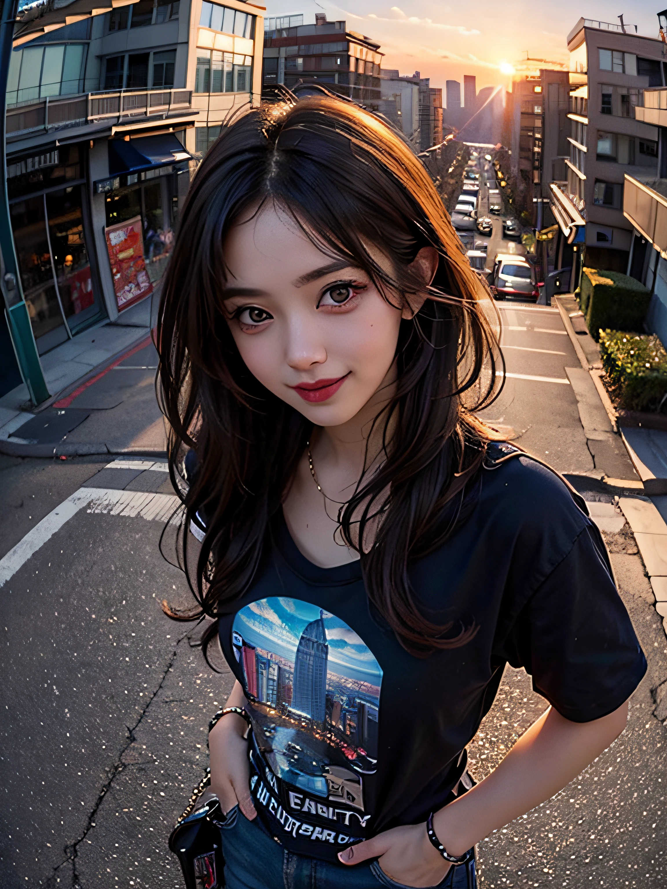 1 Punk girl, fish eye, self-shot, Wind, Messy hair, Sunset, Cityscape, (Aesthetics and atmosphere:1.2),Smiling