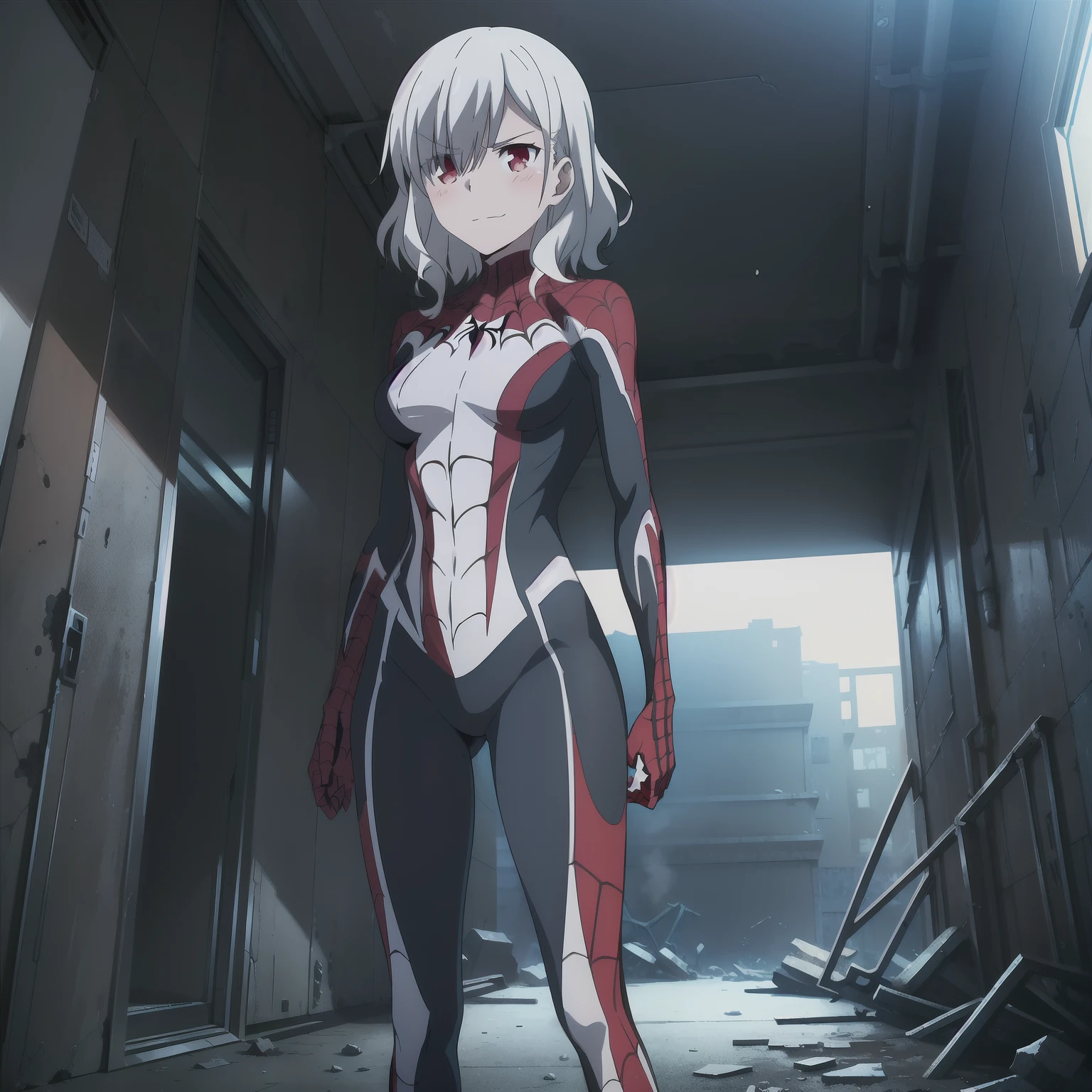 1girl,medium breasts,standing in ruined city,(8k),scratches,detailed face,white hair,red eyes,medium hair,embarassed,small smile face,high_res, high_definition,the battlefield,Heroic pose,dark suit,(symbiote spider man Custome:1.1),