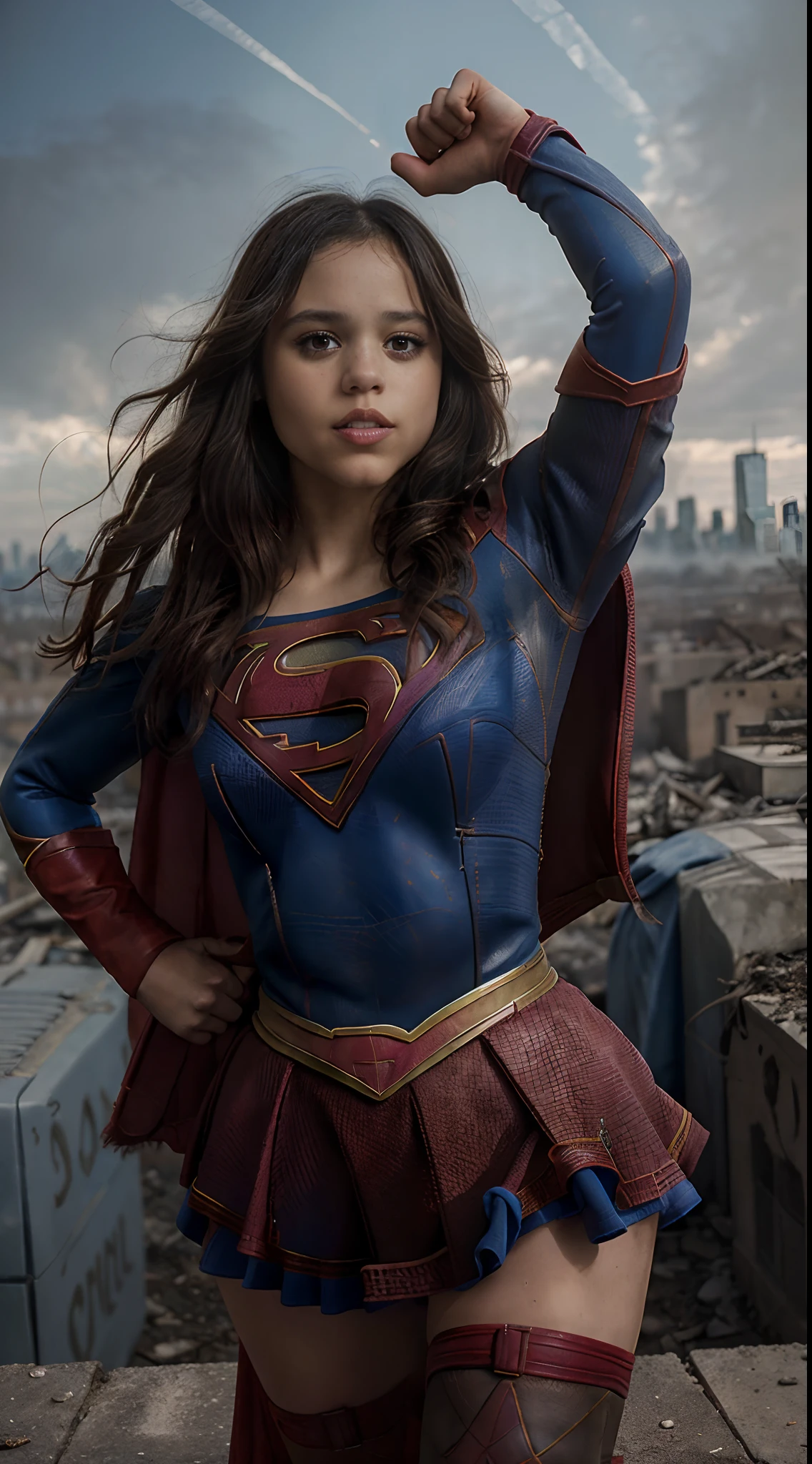 Foto de jortega, (Vestida con el disfraz de Supergirl:1.4), solamente, (ojos azules:1.4), Corte de pelo bob inverso, pechos grandes, front facing camera, Pasillo exterior abierto con paredes y suelos de piedra, Ambiente acogedor, Cineasta, photo session,UHD, 8k, 1080p.motor irreal:1.4,UHD,La mejor calidad:1.4, fotorrealista:1.4, textura de la piel:1.4, obra maestra:1.8,obra-prima, mejor calidad,（Beautiful and detailed eye description）,(Superchica:.14),(Apocalyptic city destroyed:1.4),(manos:1.4),(8k,1080p,textura realista de la piel,realista,Obra maestra, La mejor calidad,high resolusion,HDR:1.5),