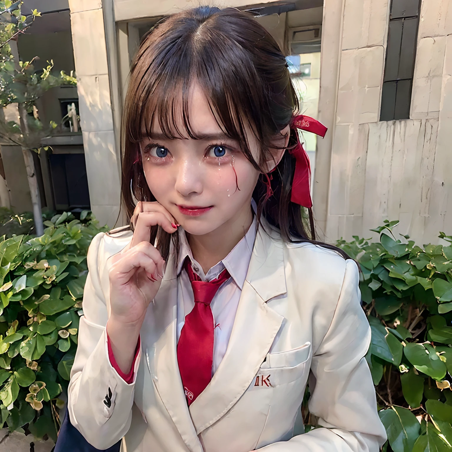 masutepiece, Best Quality, One girl, (Beautiful Girl:1.3), (25 years old:1.3), Very fine eye definition, (Symmetrical eyes:1.3), (all fours on the bed:1.3), (school uniform, short sleeve, white shirt, neckerchief:1.2), beautiful breasts, Brown eyes, Parted bangs, Brown hair, ite girl, choker, dog ear, nsfw