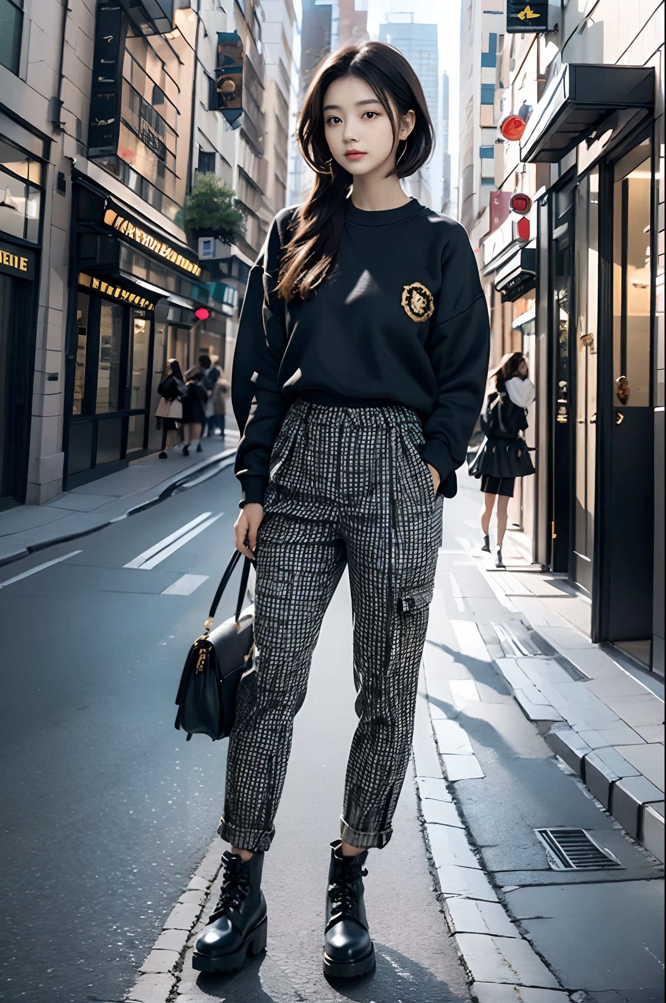 1girl, solo, Felt Sweatshirt, checkered cargo pants, Stretched Chunky Boots