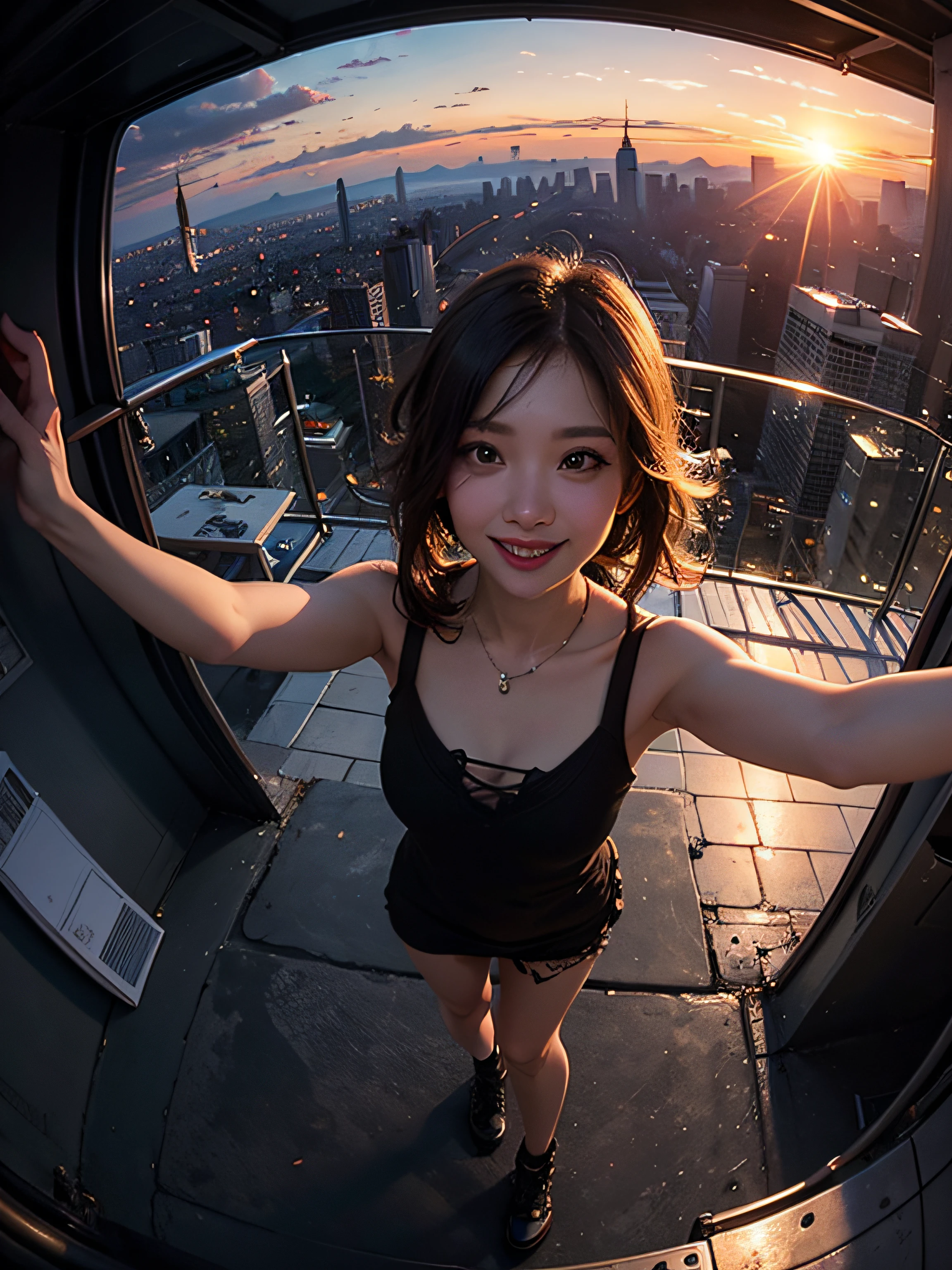 1 Punk girl, fish eye, self-shot, Wind, Messy hair, Sunset, Cityscape, (Aesthetics and atmosphere:1.2),Smiling