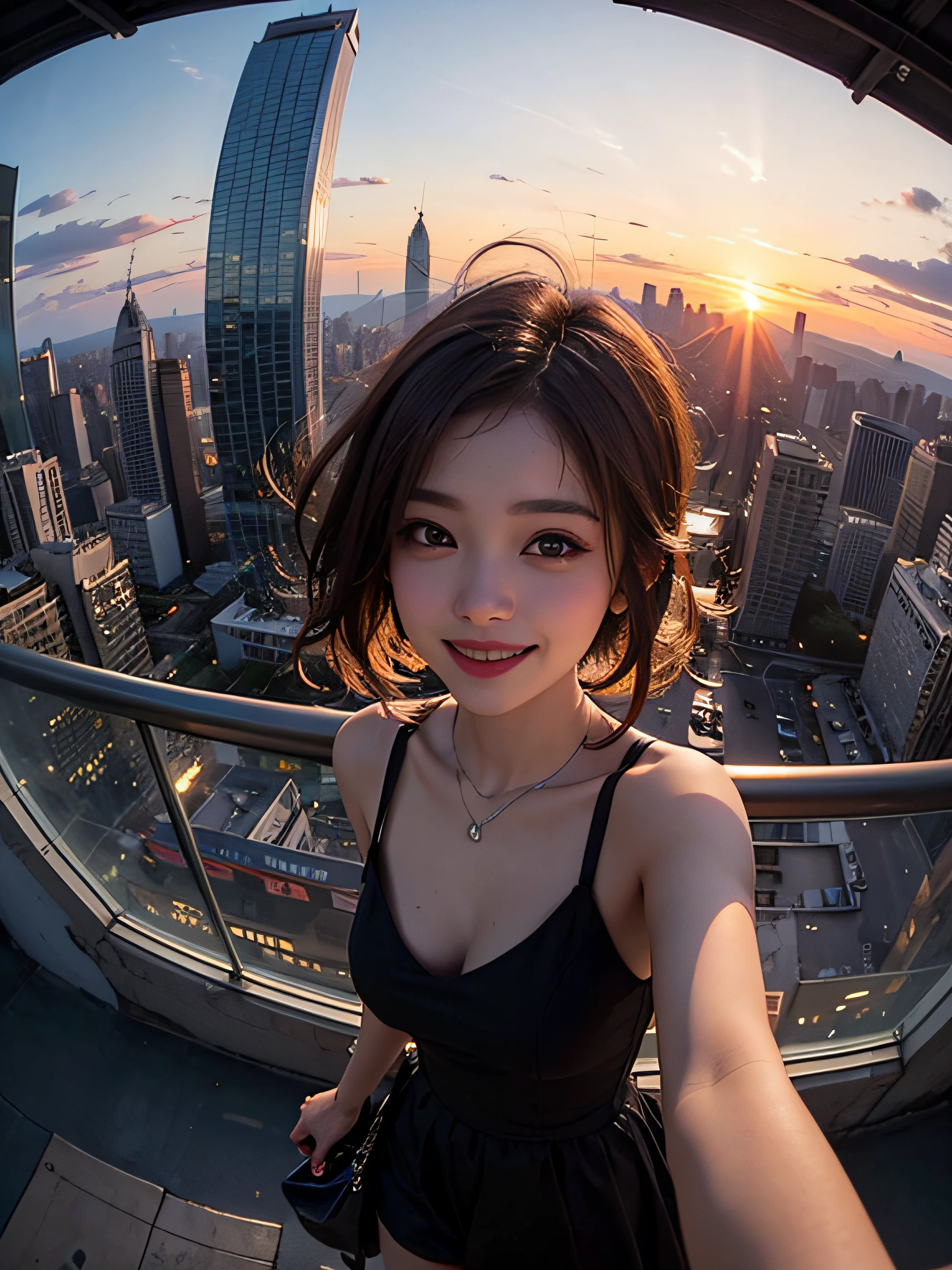 ultra detailed, high-resolution, realistic, RAW photo, ((real person)), detailed skin, (delicate black eyes ), japanese woman、A soothing woman with sagging eyes, Calm and calm, middle hair, skinny, clothing, The wind is blowing, tareme、, photorealistic, masterpiece, best quality, highres, 8k, UHD, textured skin、career woman、Big city、new york、rooftop of a skyscraper、best scenery、big breasts、lip gloss、cleavage、Laughter、innocent smile、28age、See photographer、morning、Shine a light on women、Central Park can be seen、stand on the roof of the tallest building、The town can be seen below、new yorkスタイル、career woman、stand on the edge of the roof、Unreal world、Bungee jumping from the top of a building、Falling off a building、fly in the sky、New Yorker、tight mini、off shoulder、earrings、See photographer、28age、kind face、Healing