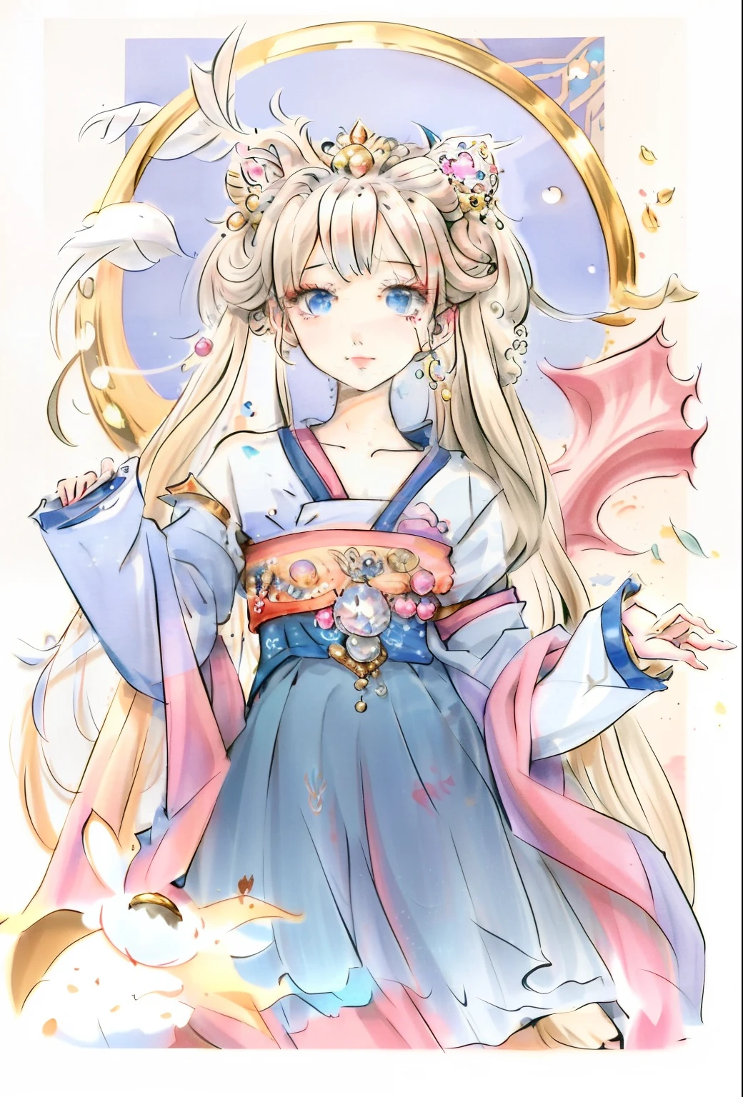 One in a blue dress,Painting of woman with long blonde hair, Anime princess, ((a beautiful fantasy empress)), blond-haired princess, Anime goddess, a beautiful fantasy empress, the sailor galaxia. Beautiful, the sailor moon. Beautiful, inspired by Sailor Moon, gilded lotus princess, portrait of magical girl, author:the sailor moon, lunar goddess