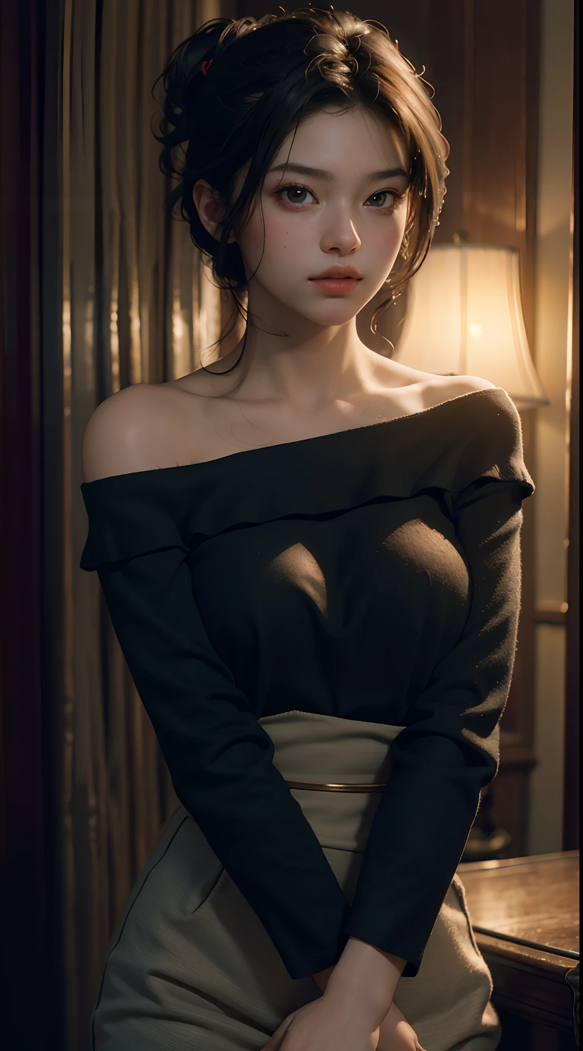 Best quality, masterpiece, ultra high res, (photorealistic:1.4), raw photo, 1girl, off shoulder, cinematic lighting